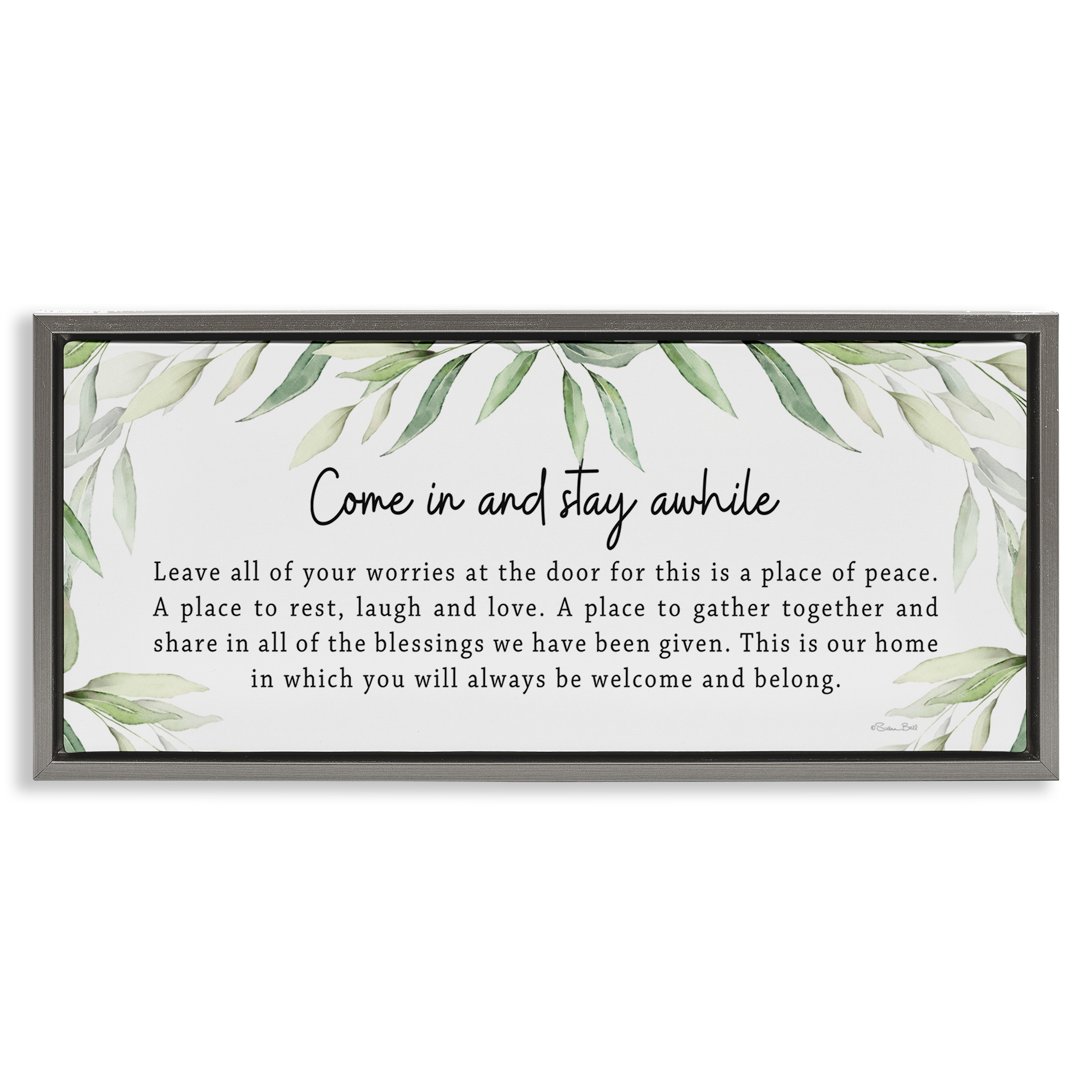 Stupell Industries Welcome & Belong Sentiment Plants & Flowers Painting Gray Floater Framed Canvas Art Print Wall Art, 31 x 14