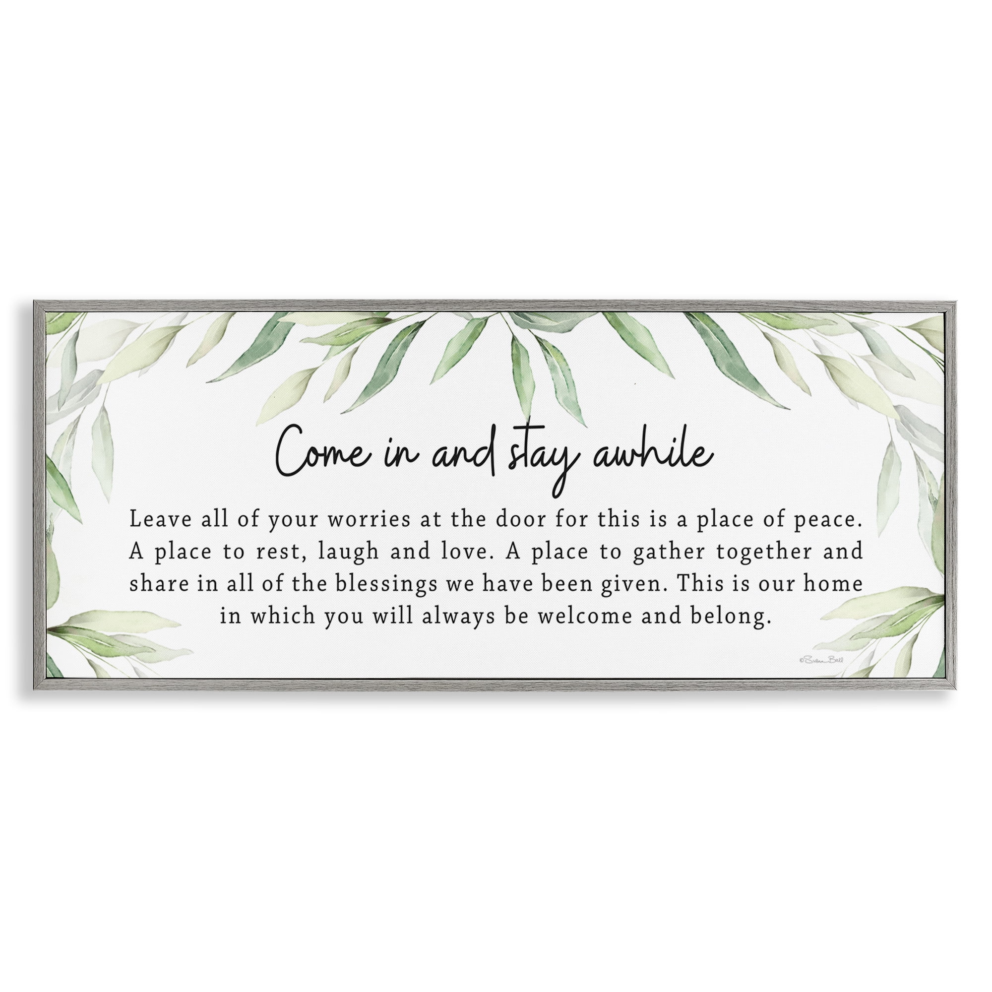 Stupell Industries Welcome & Belong Sentiment Plants & Flowers Painting Gray Framed Art Print Wall Art, 24 x 10