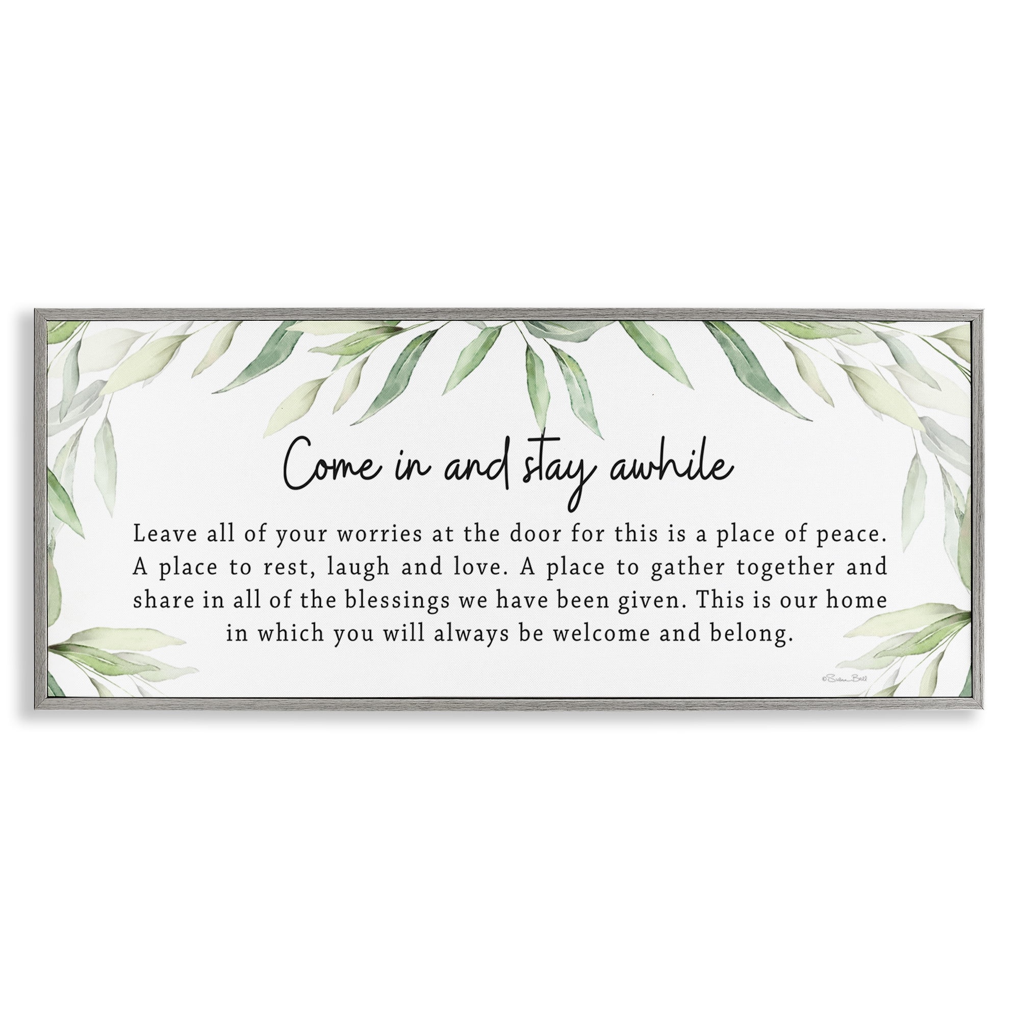Stupell Industries Welcome & Belong Sentiment Plants & Flowers Painting Gray Framed Art Print Wall Art, 30 x 13