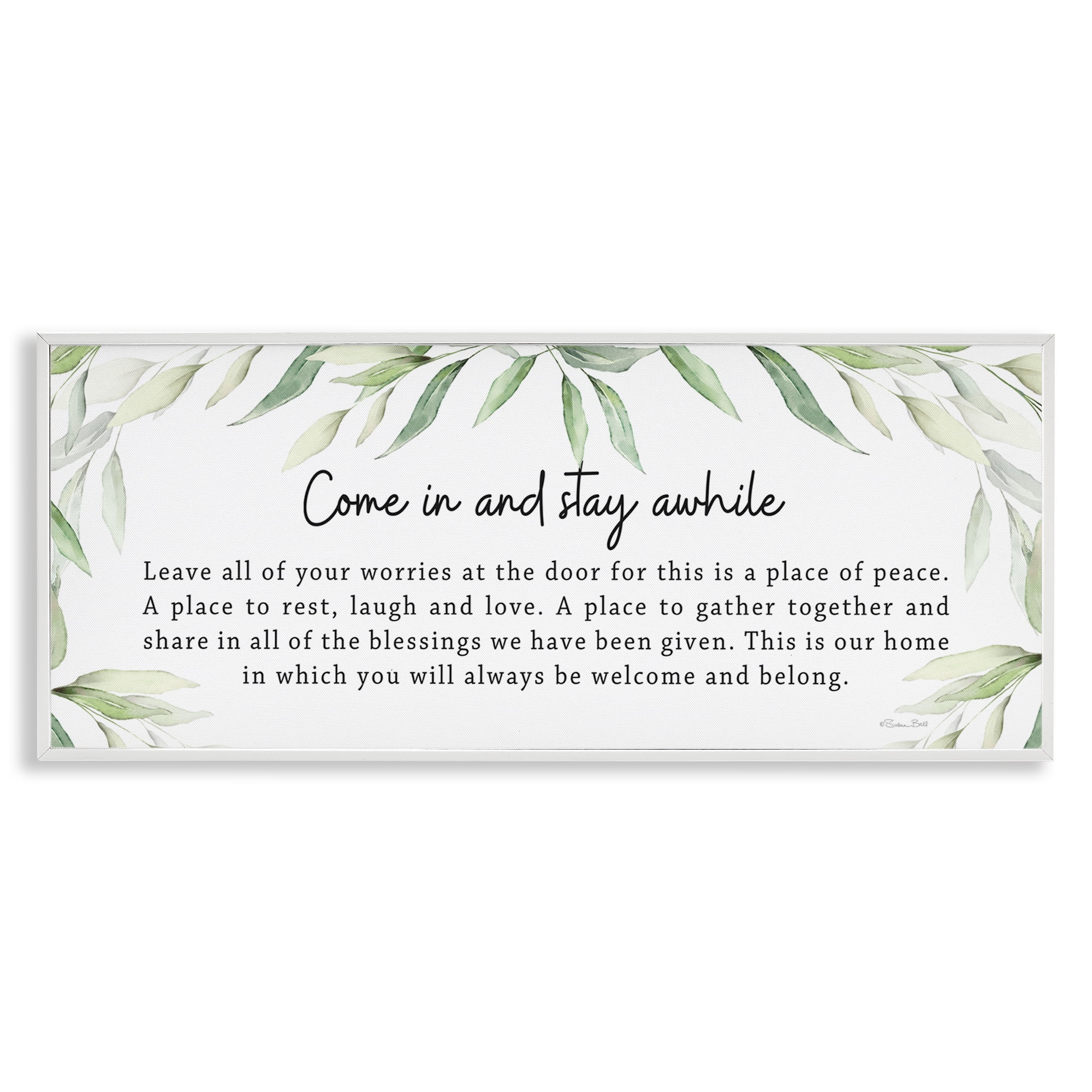 Stupell Industries Welcome & Belong Sentiment Plants & Flowers Painting White Framed Art Print Wall Art, 30 x 13