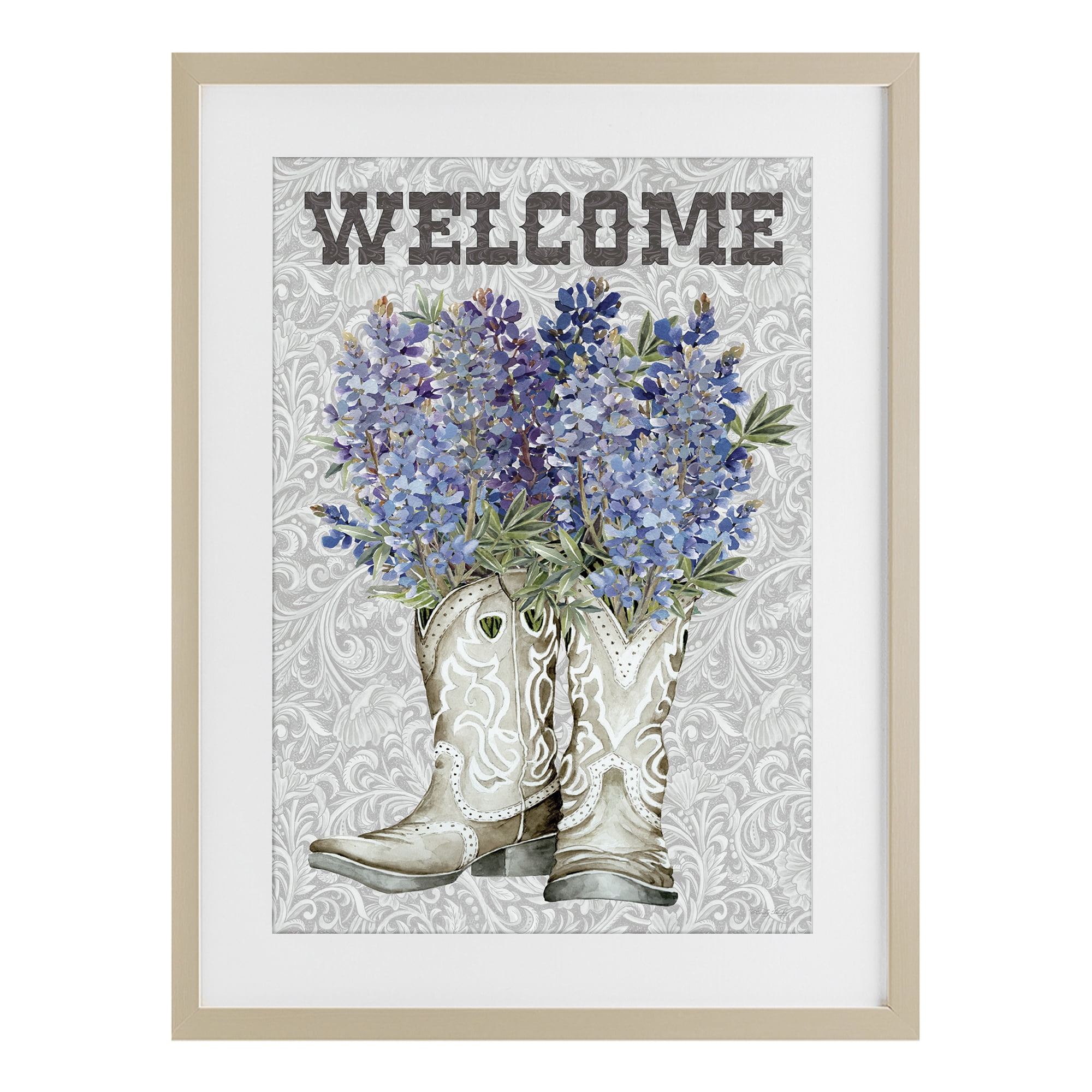 Stupell Industries Welcome Bluebonnet on Paisley Birch Framed Print Under Glass, design by Cindy Jacobs