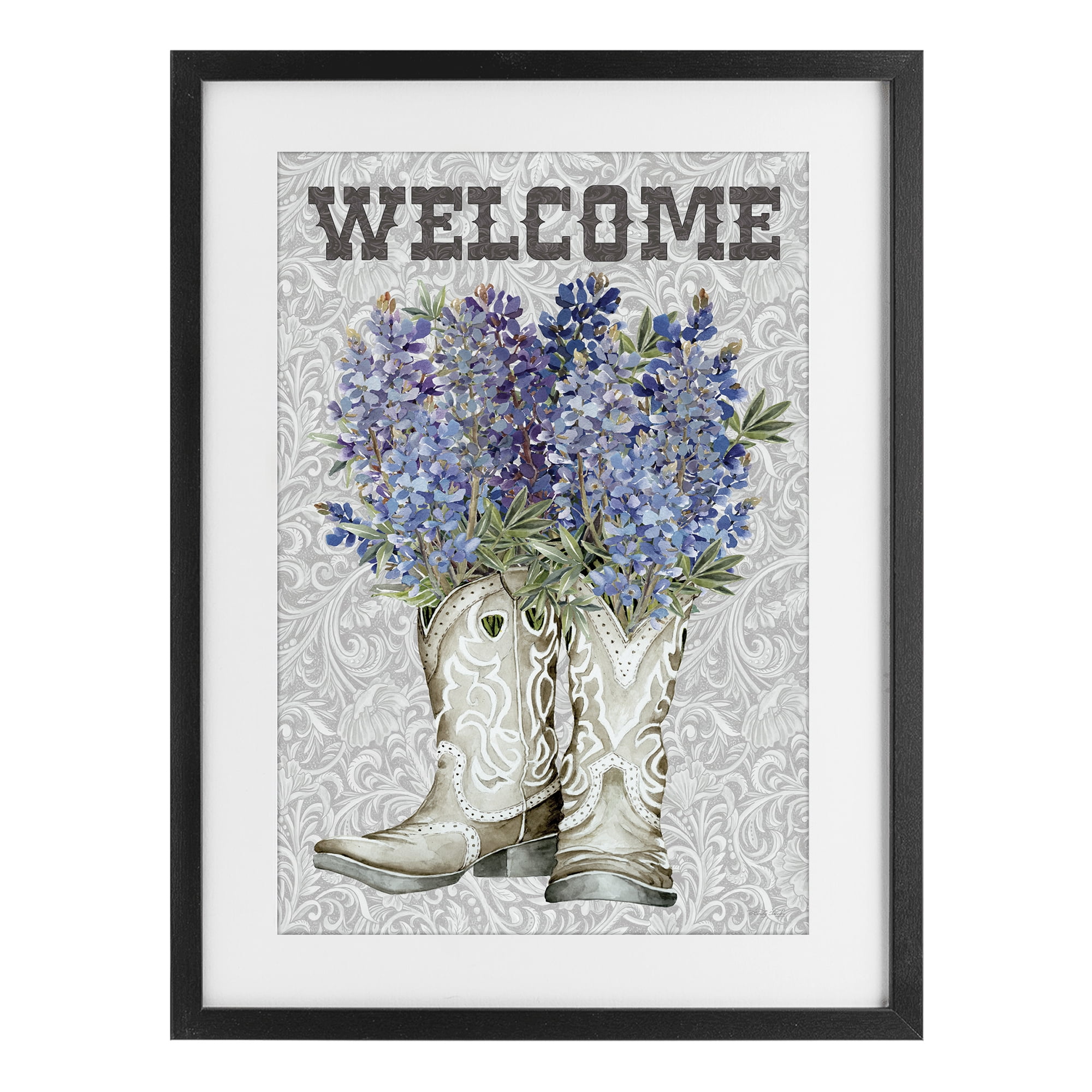 Stupell Industries Welcome Bluebonnet on Paisley Black Framed Print Under Glass, design by Cindy Jacobs