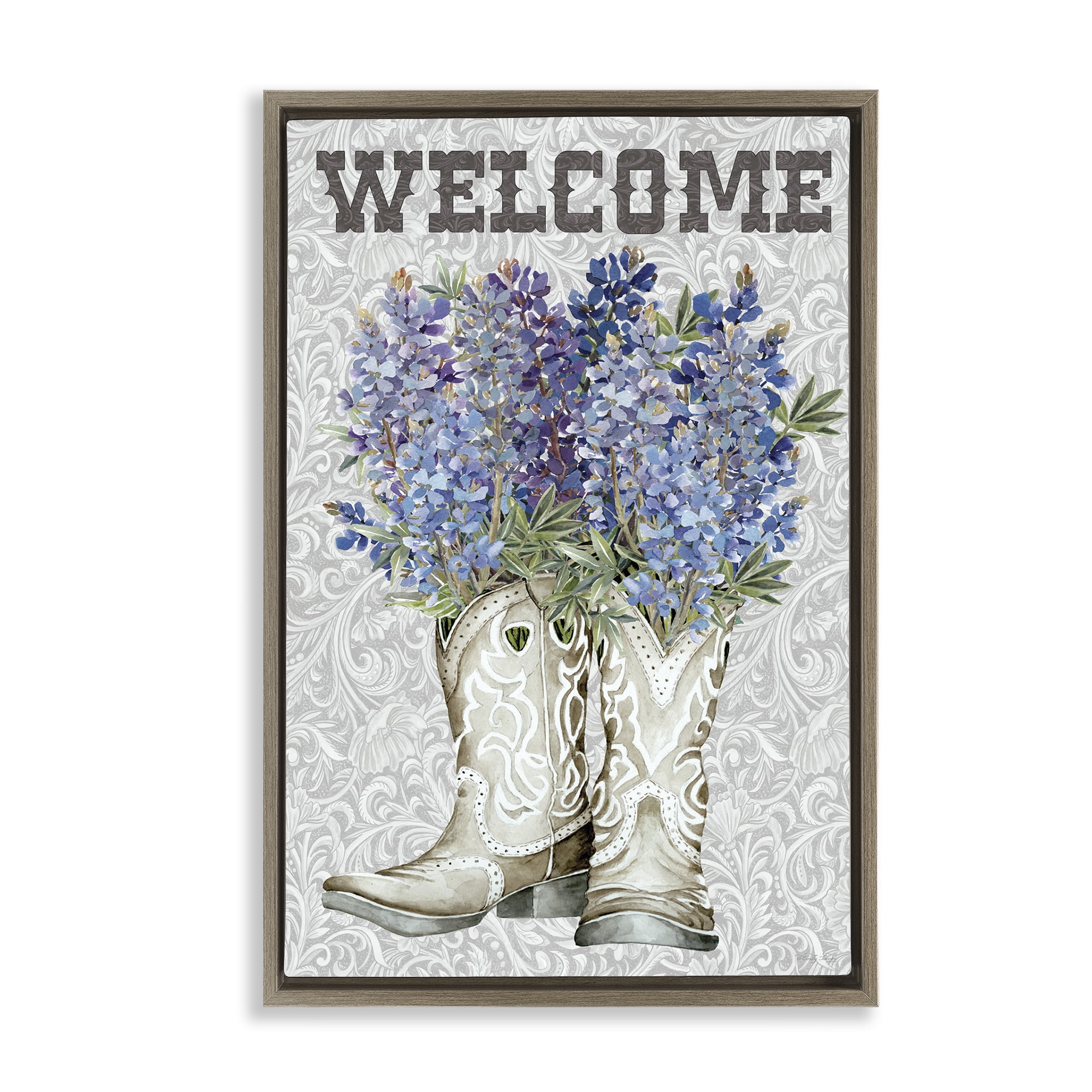 Stupell Industries Welcome Bluebonnet on Paisley Brown Framed Floater Canvas Wall Art, design by Cindy Jacobs