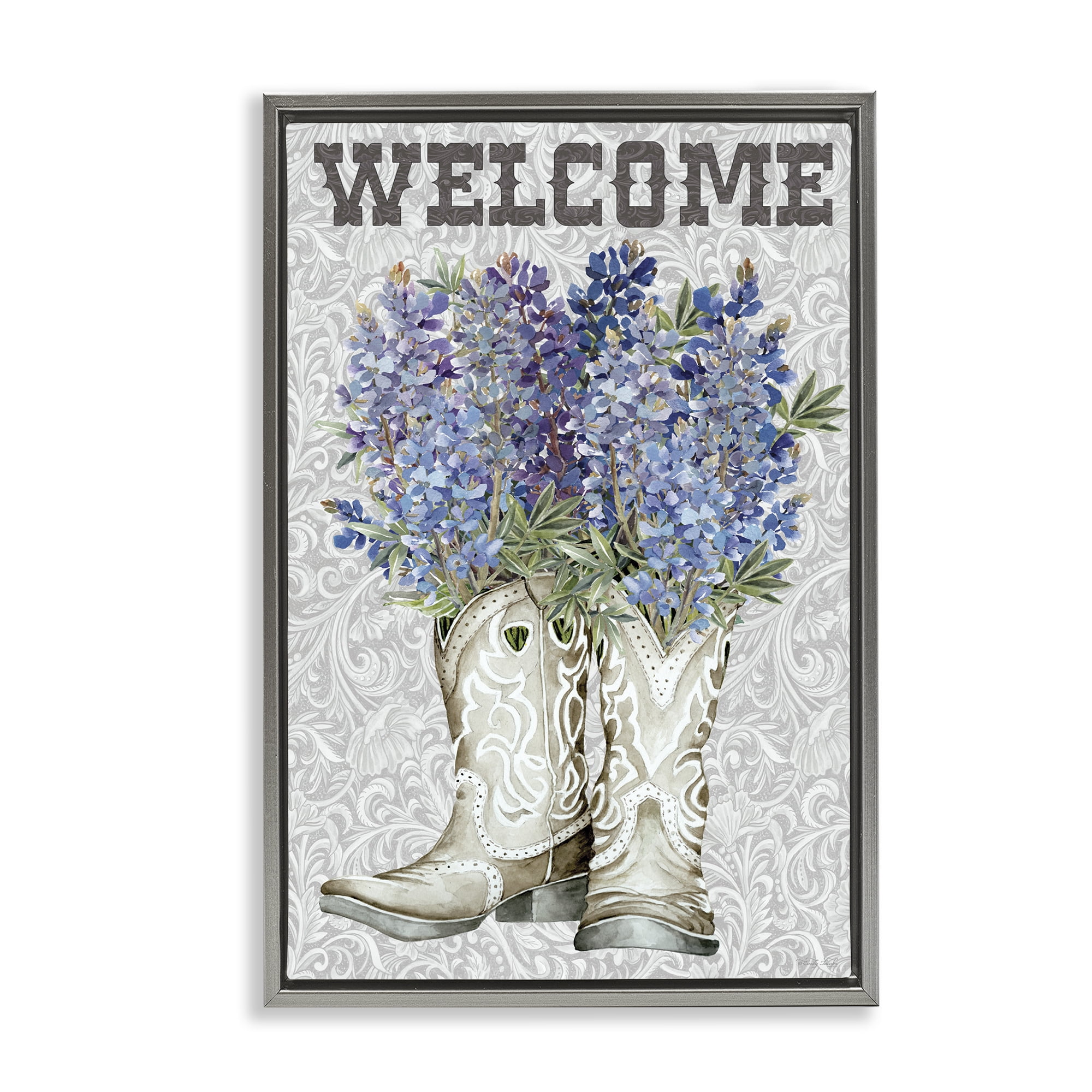 Stupell Industries Welcome Bluebonnet on Paisley Gray Framed Floater Canvas Wall Art, design by Cindy Jacobs