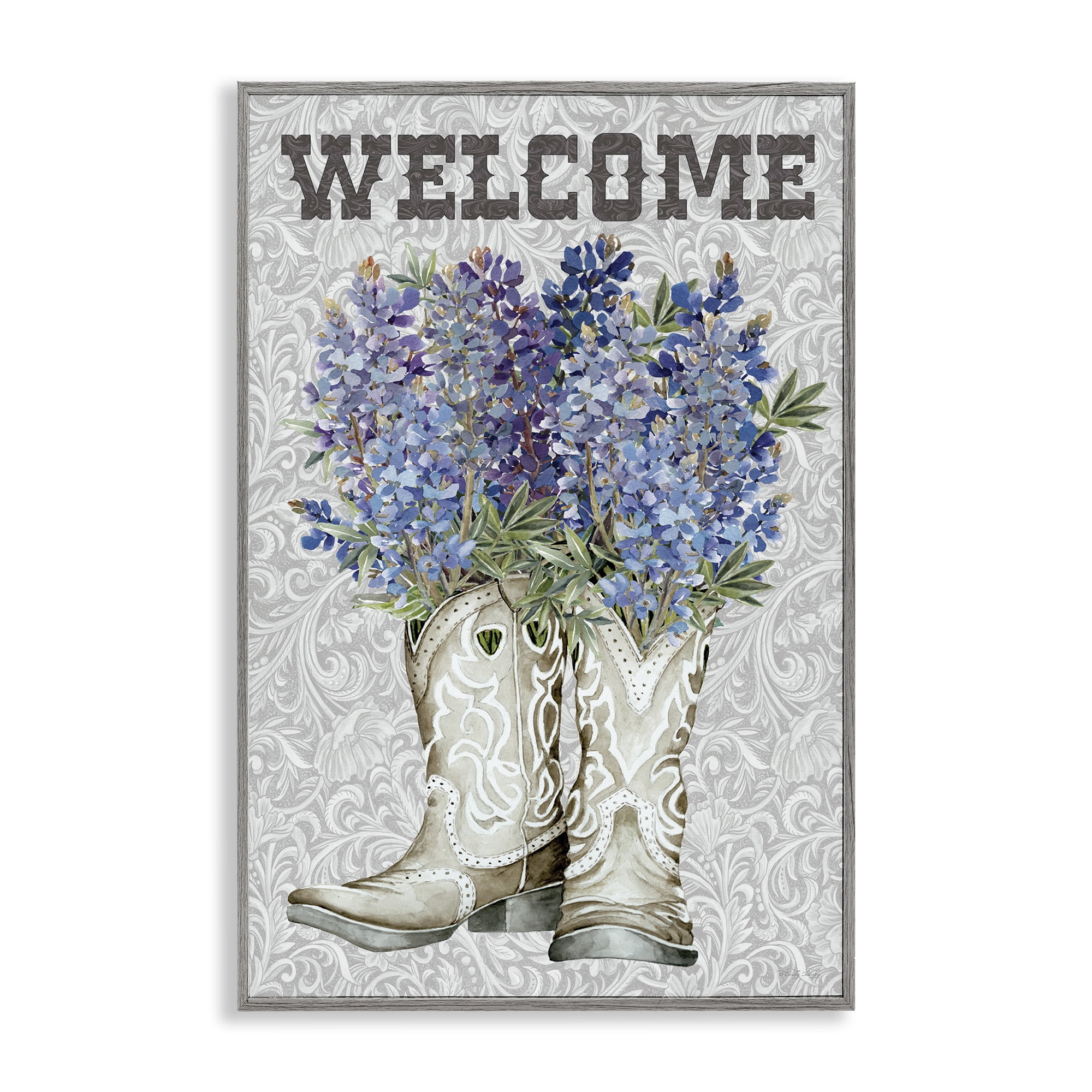 Stupell Industries Welcome Bluebonnet on Paisley Gray Framed Giclee Art, design by Cindy Jacobs