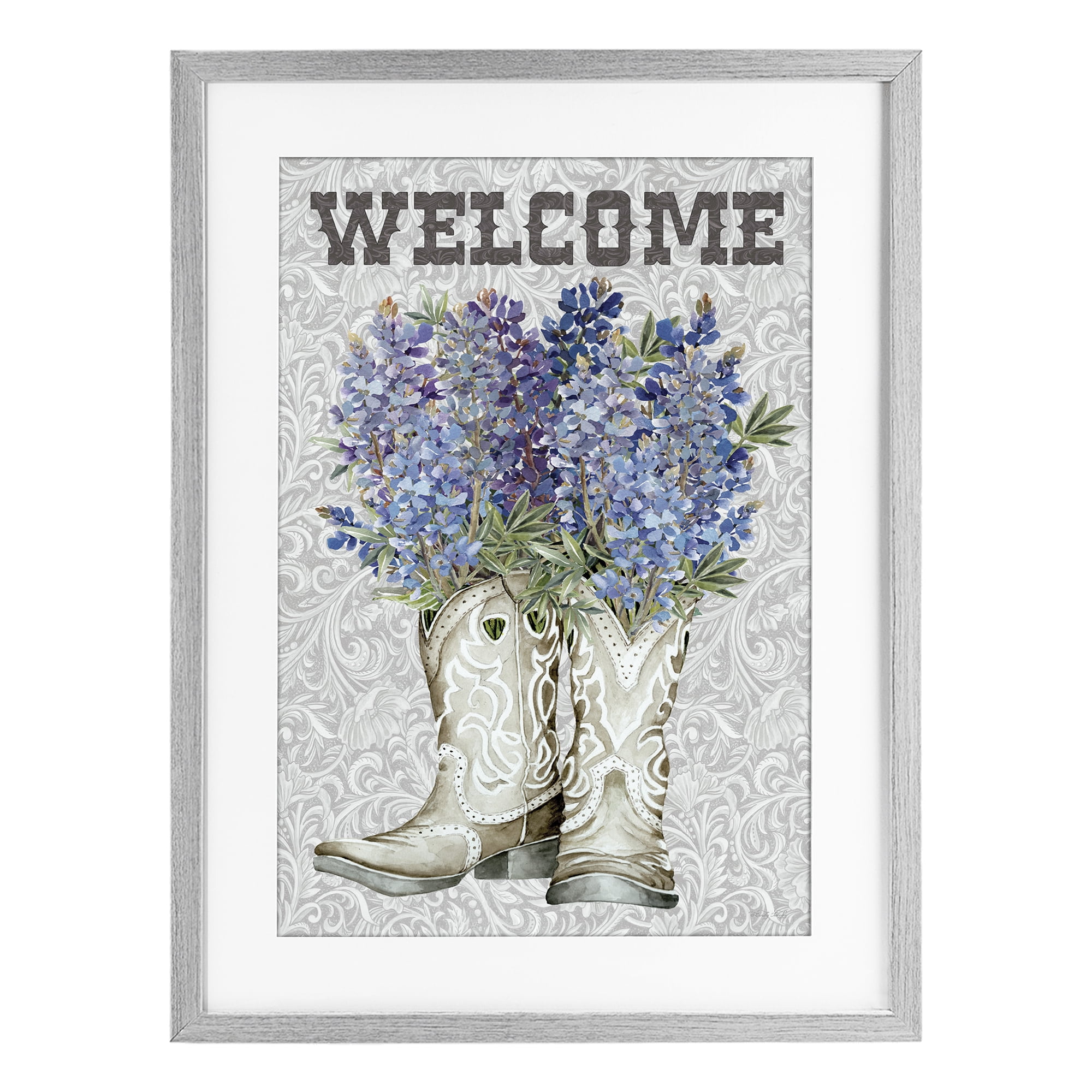 Stupell Industries Welcome Bluebonnet on Paisley Gray Framed Print Under Glass, design by Cindy Jacobs