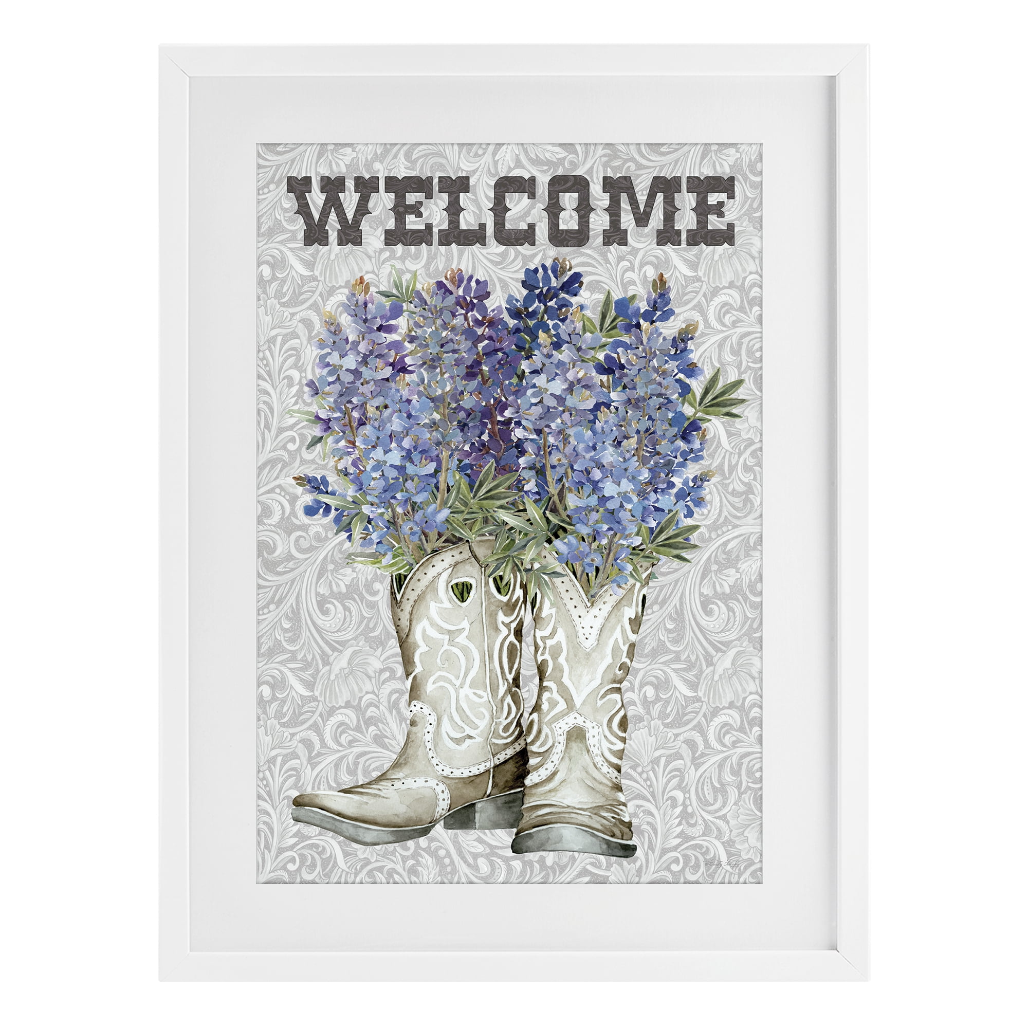 Stupell Industries Welcome Bluebonnet on Paisley White Framed Print Under Glass, design by Cindy Jacobs