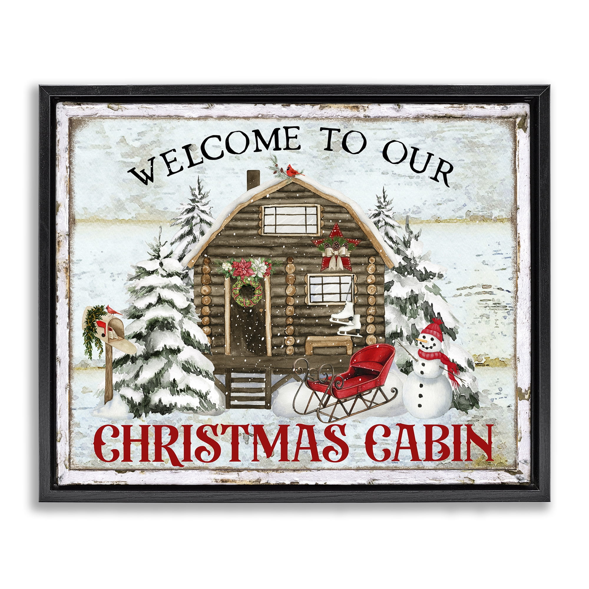 Stupell Industries Welcome Christmas Cabin Holiday Painting Black Floater Framed Canvas Art Prints Wall Art, 31 x 25