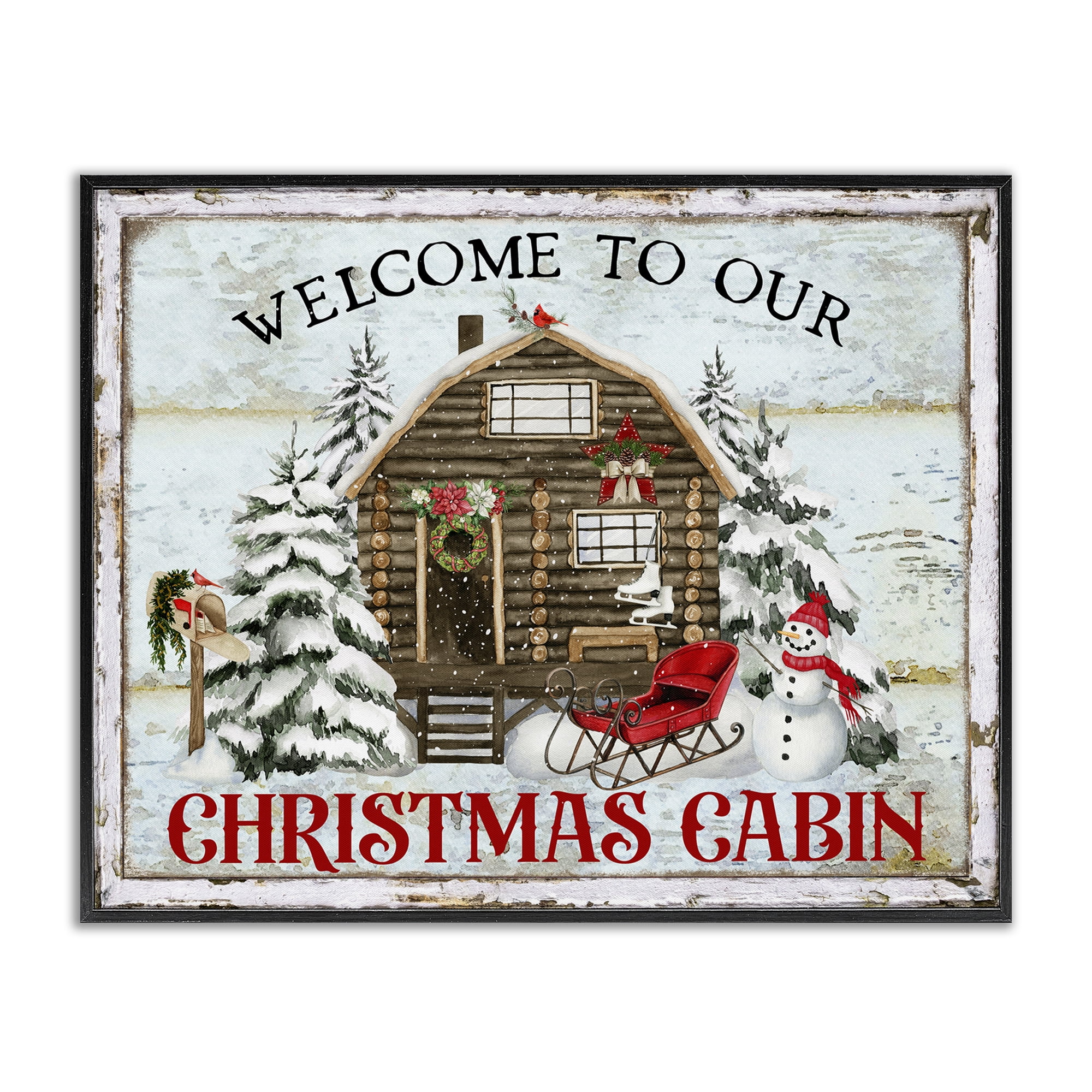 Stupell Industries Welcome Christmas Cabin Holiday Painting Black Framed Art Prints Wall Art, 20 x 16