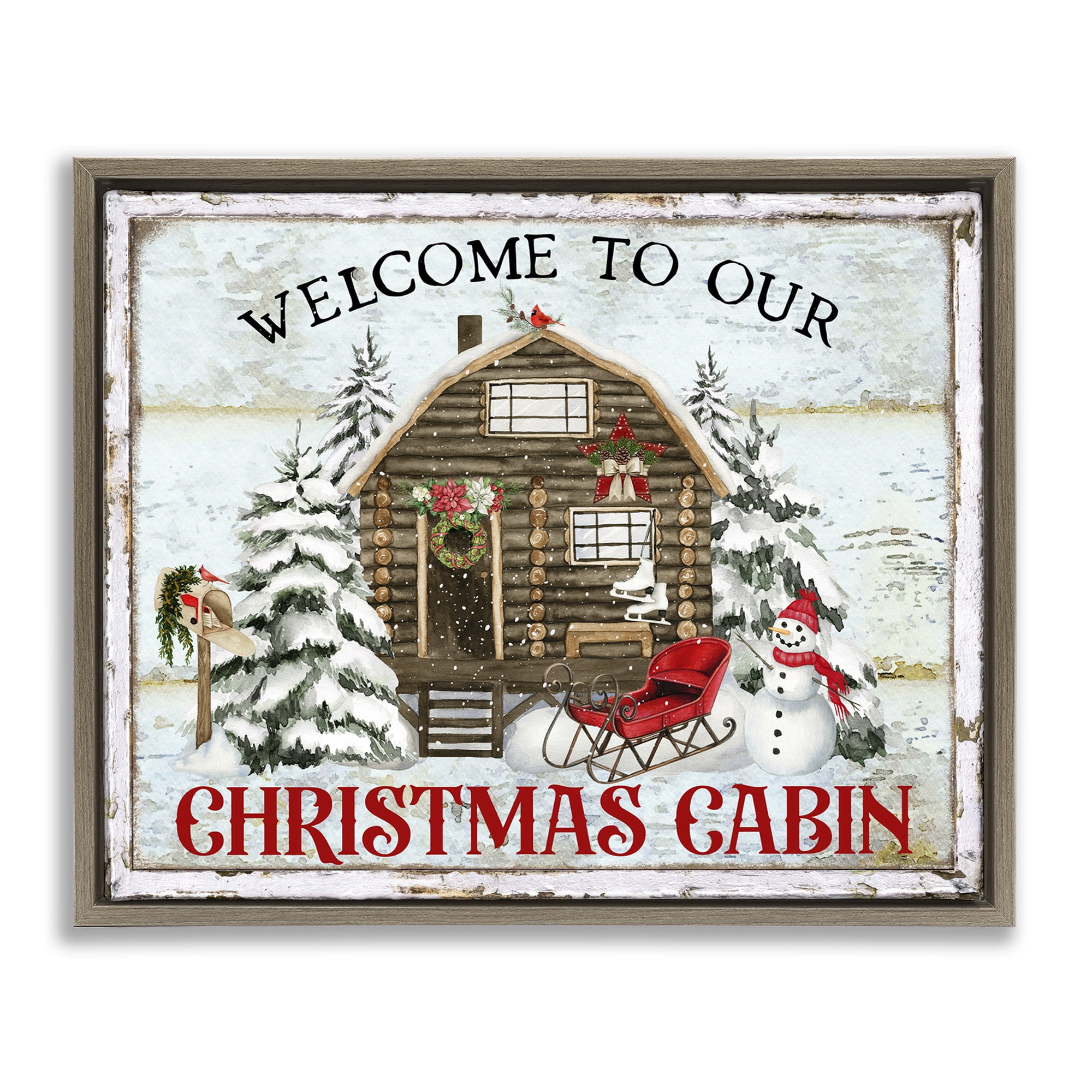 Stupell Industries Welcome Christmas Cabin Holiday Painting Brown Floater Framed Canvas Art Prints Wall Art, 21 x 17