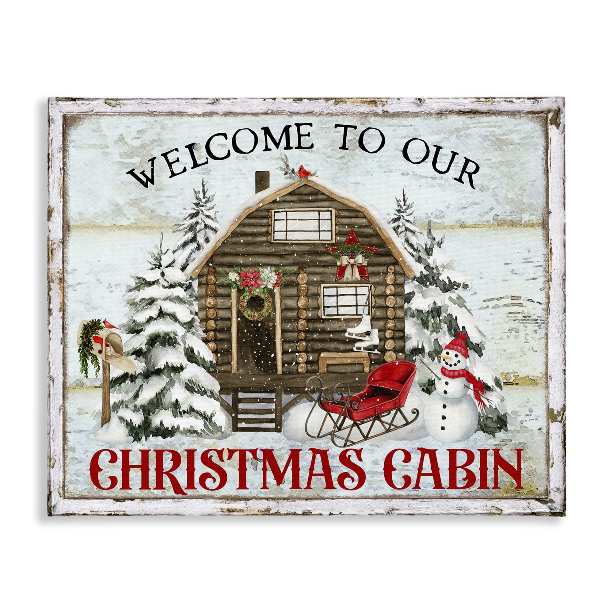 Stupell Industries Welcome Christmas Cabin Holiday Painting Gallery Wrapped Canvas Art Prints Wall Art, 20 x 16