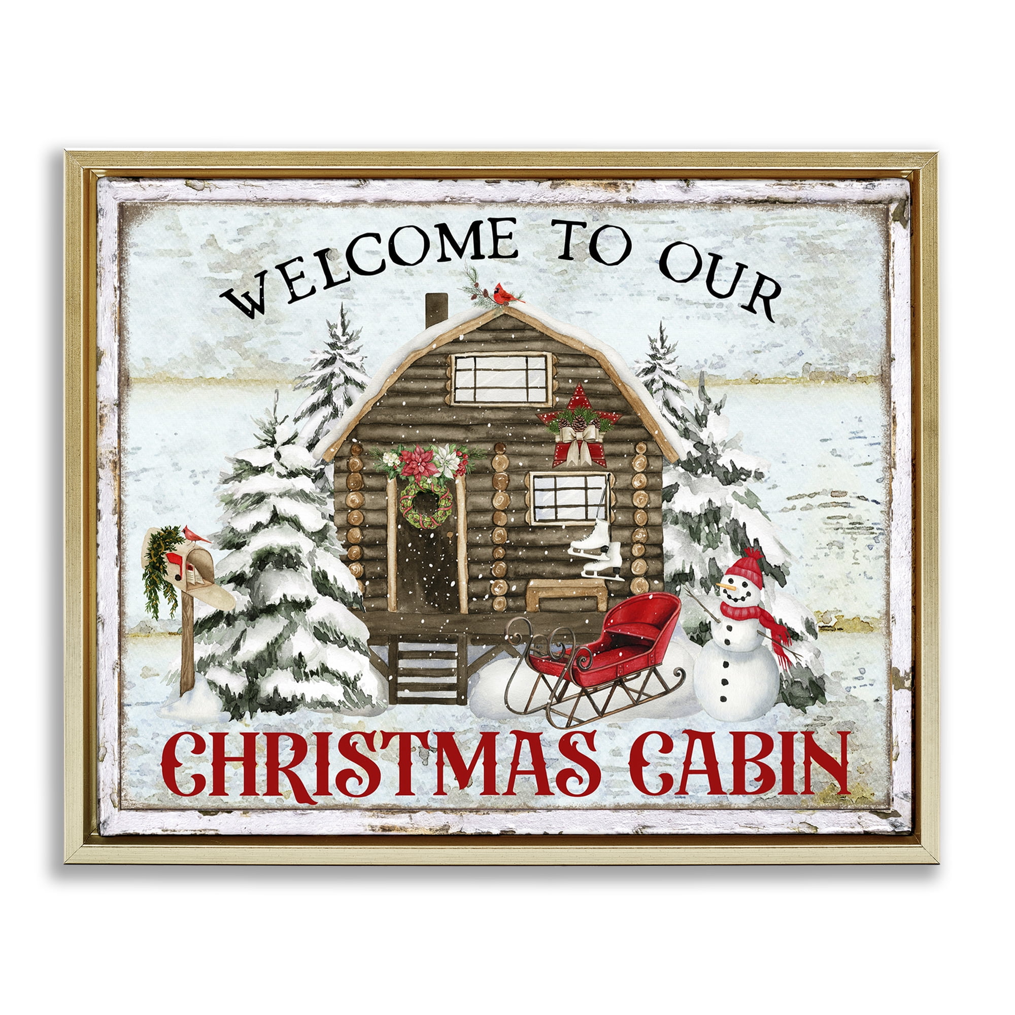 Stupell Industries Welcome Christmas Cabin Holiday Painting Gold Floater Framed Canvas Art Prints Wall Art, 21 x 17