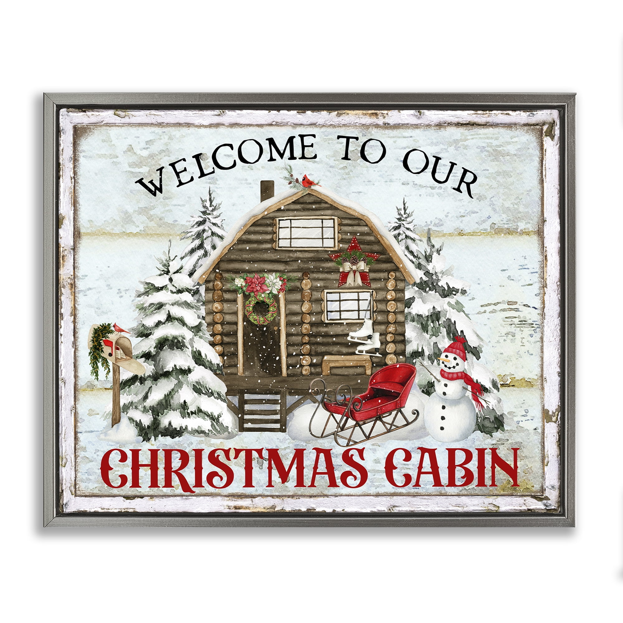 Stupell Industries Welcome Christmas Cabin Holiday Painting Gray Floater Framed Canvas Art Prints Wall Art, 31 x 25