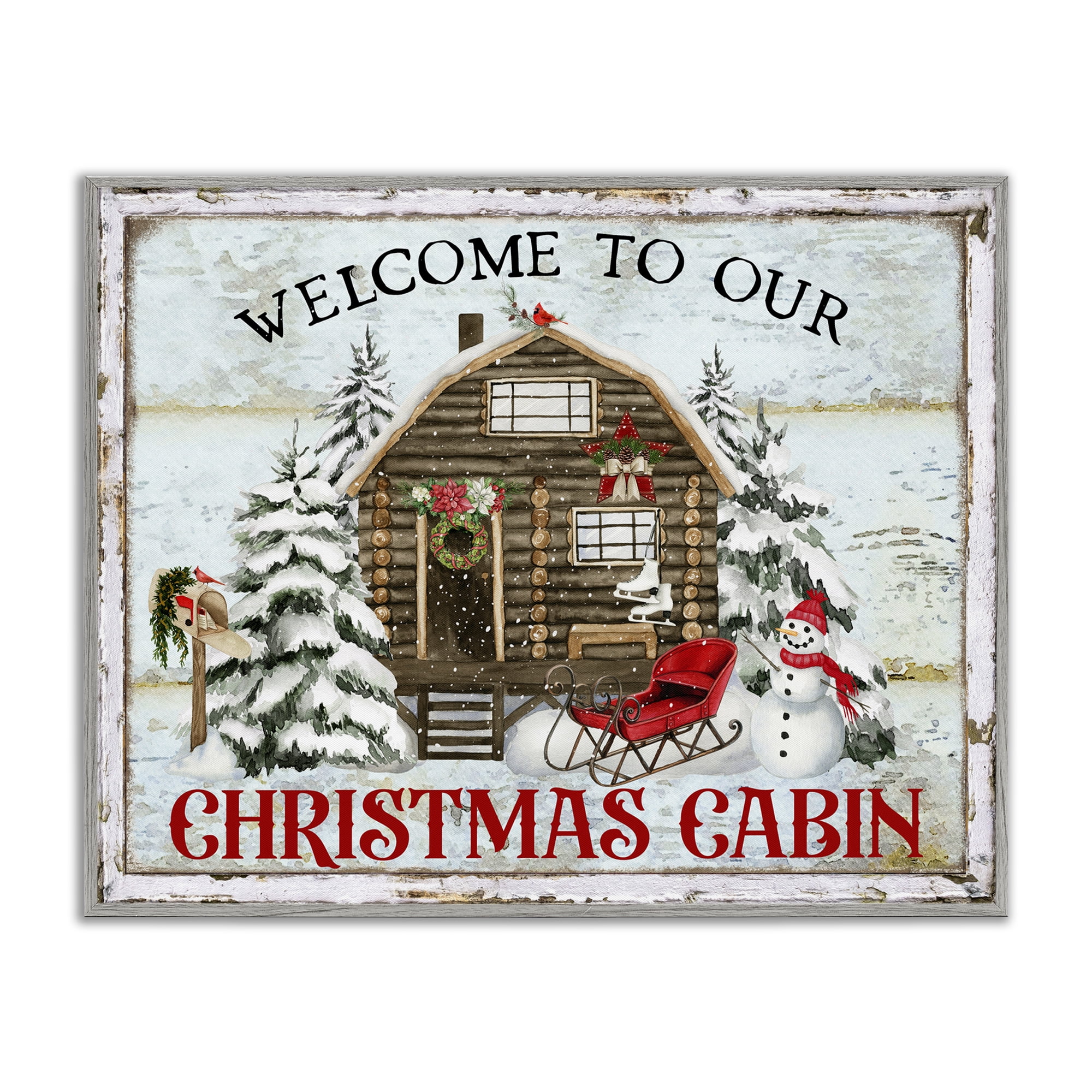 Stupell Industries Welcome Christmas Cabin Holiday Painting Gray Framed Art Prints Wall Art, 14 x 11