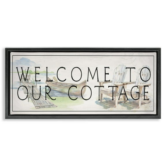 Stupell Industries Welcome Cottage at Lake's Edge Black Framed Floater Canvas Wall Art design by Lil' Rue, 11 x 25