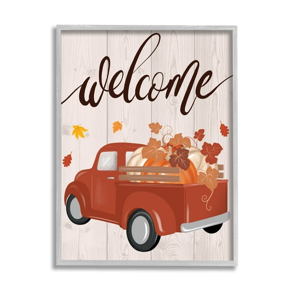 Stupell Industries Welcome Country Pumpkin Truck Graphic Art Gray Framed Art Print Wall Art, Design by Jo Taylor