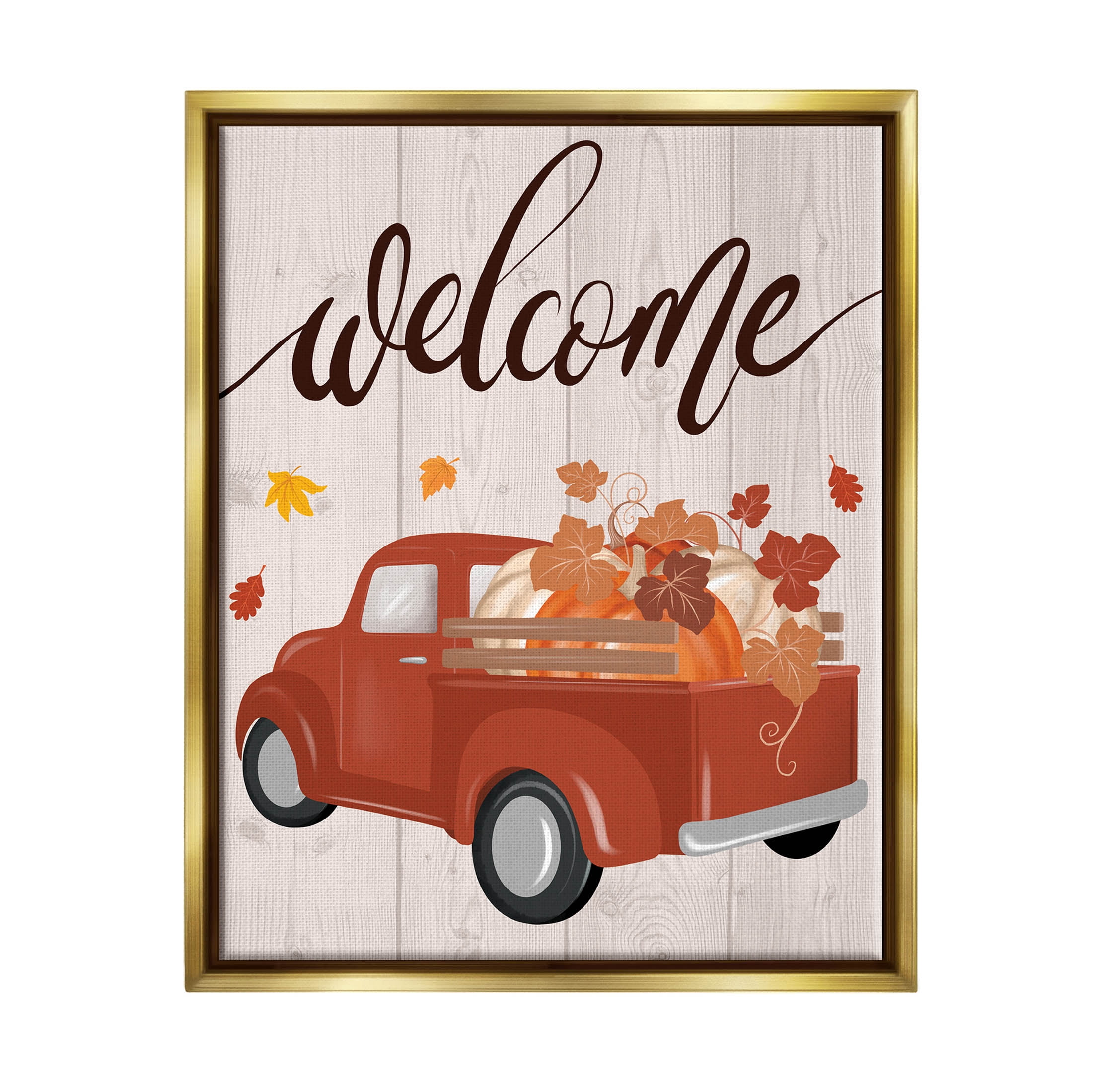 Stupell Industries Welcome Country Pumpkin Truck Graphic Art Metallic Gold Floating Framed Canvas Print Wall Art, Design by Jo Taylor