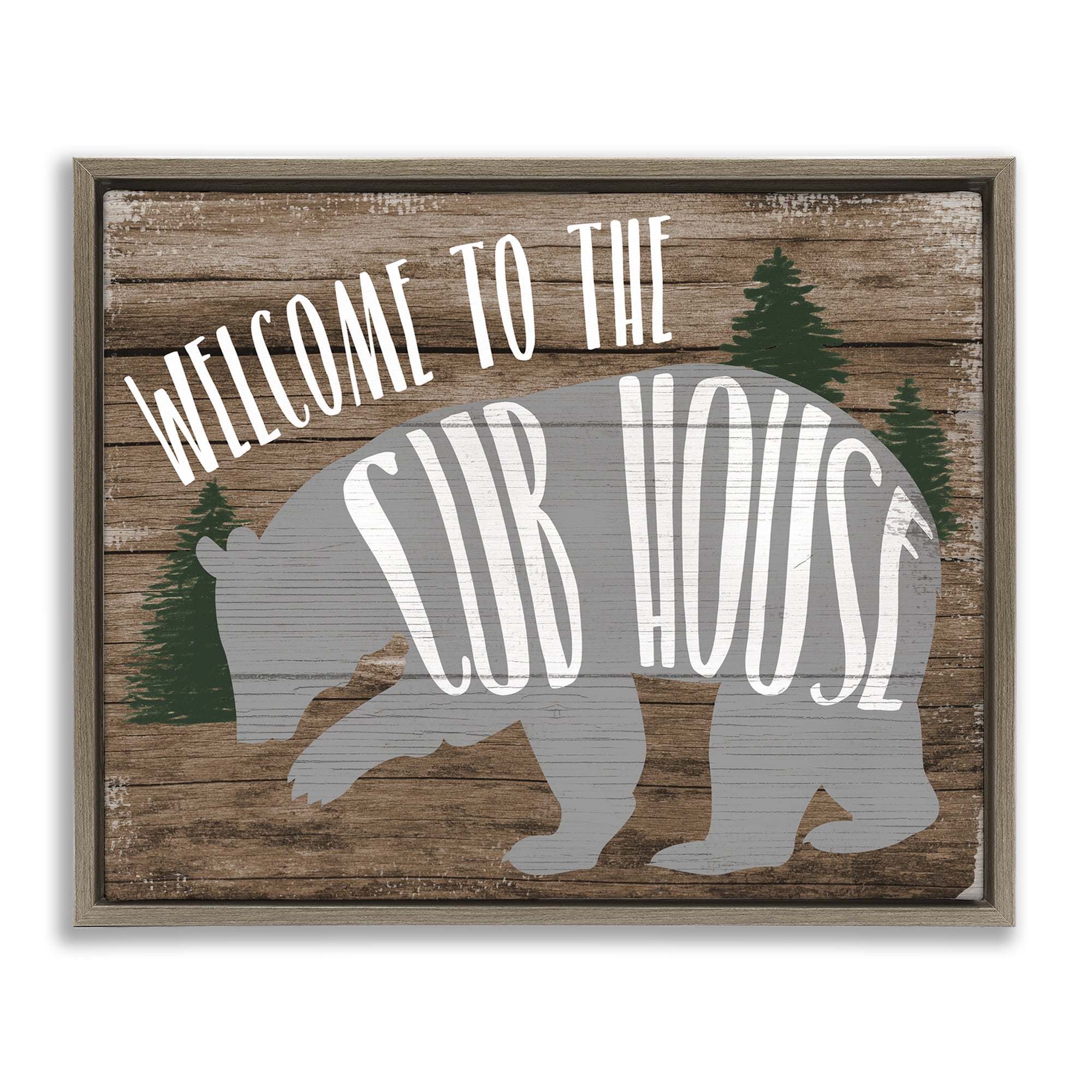 Stupell Industries Welcome Cub House Text & Numbers Painting Brown Floater Framed Canvas Art Print Wall Art, 21 x 17
