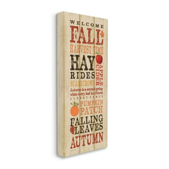 Stupell Industries Welcome Fall Autumn Wood Texture Seasonal Word Design Canvas Wall Art by Stephanie Workman Marrott