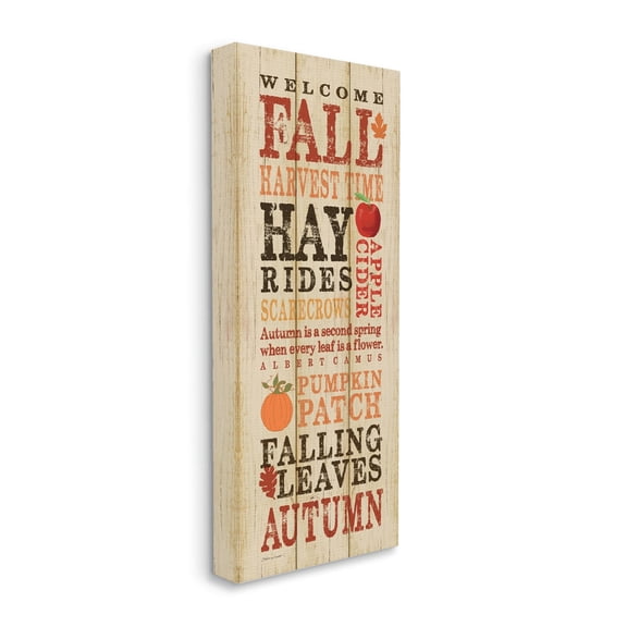 Stupell Industries Welcome Fall Autumn Wood Texture Seasonal Word Design Canvas Wall Art by Stephanie Workman Marrott