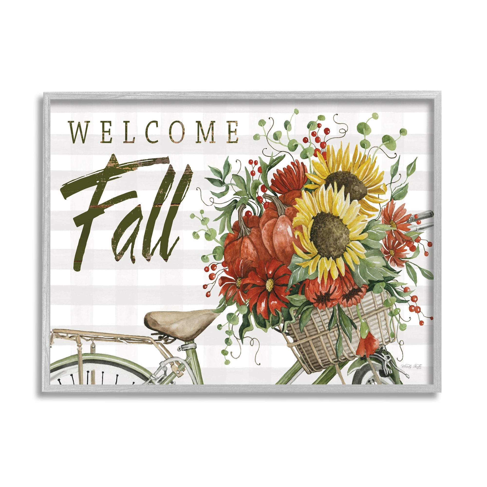 Stupell Industries Welcome Fall Autumnal Flower Assortment Bicycle Basket Graphic Art Gray Framed Art Print Wall Art, Design by Cindy Jacobs