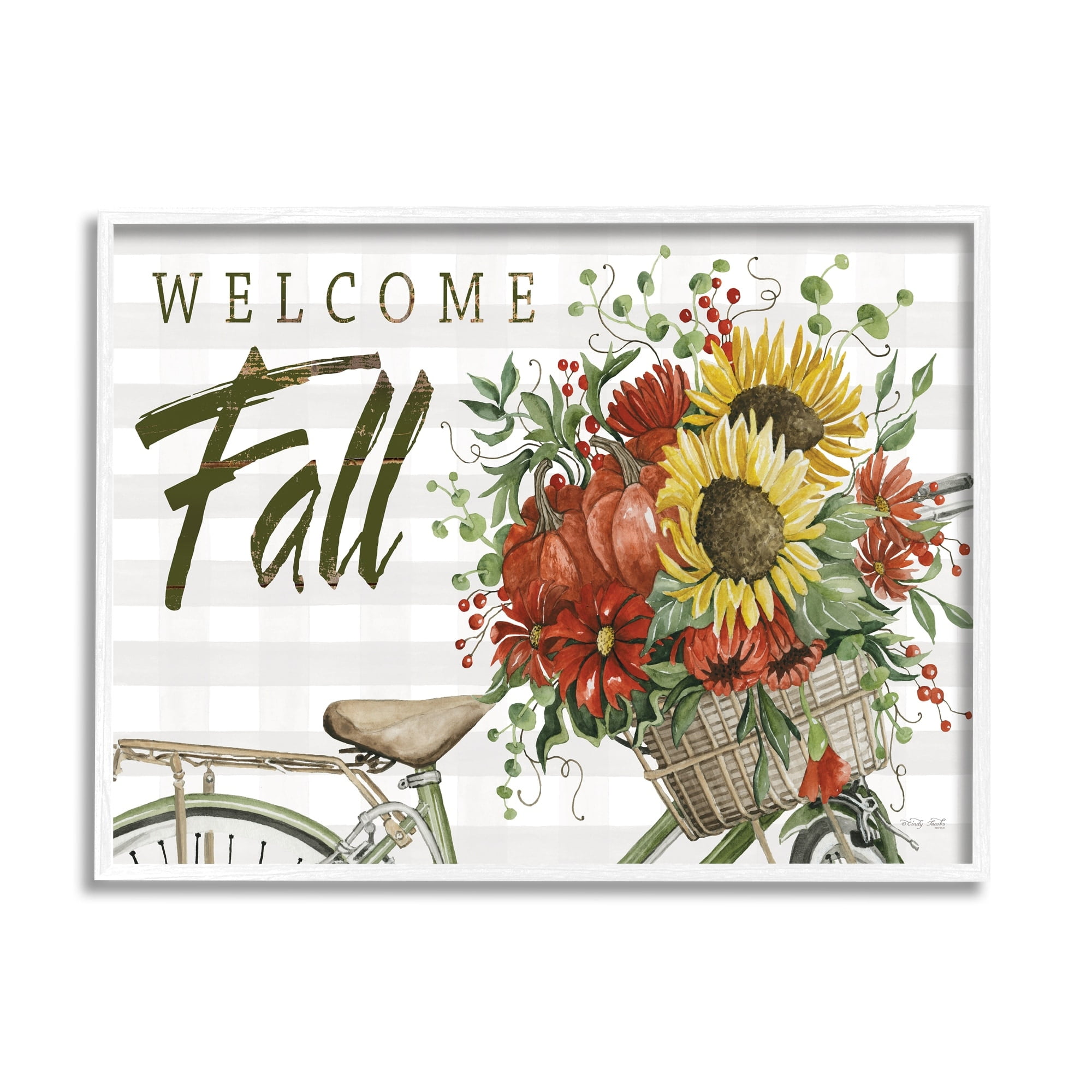 Stupell Industries Welcome Fall Autumnal Flower Assortment Bicycle Basket Graphic Art White Framed Art Print Wall Art, Design by Cindy Jacobs