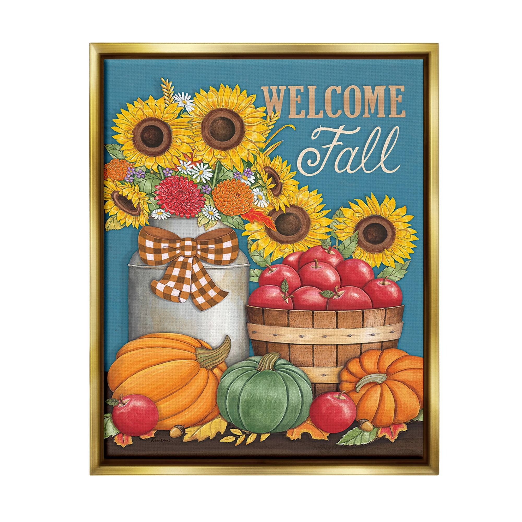 Stupell Industries Welcome Fall Harvest Botanical & Floral Painting Gold Floater Framed Canvas Art Print Wall Art, 25 x 31