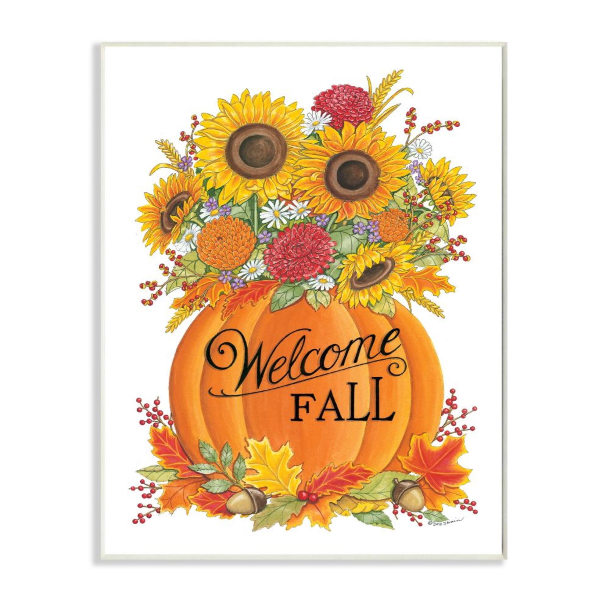 Stupell Industries Welcome Fall Phrase Autumn Pumpkin Sunflower Florals Design by Deb Strain