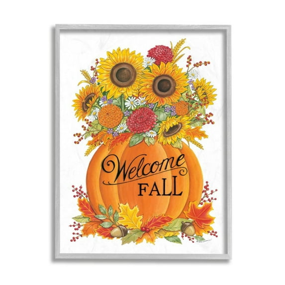 Stupell Industries Welcome Fall Phrase Autumn Pumpkin Sunflower Florals Design by Deb Strain