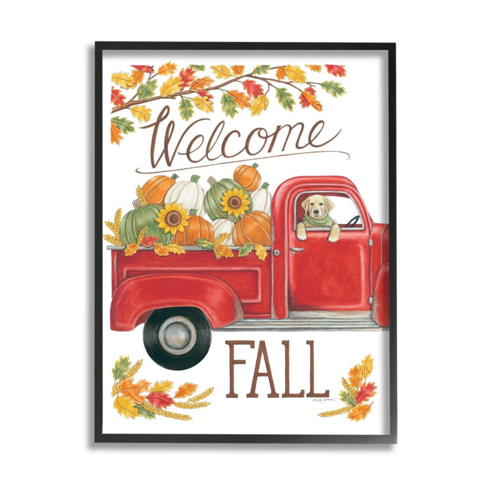 Stupell Industries Welcome Fall Phrase Autumn Red Truck Dog Design by Deb Strain, 16" x 20", Black Framed