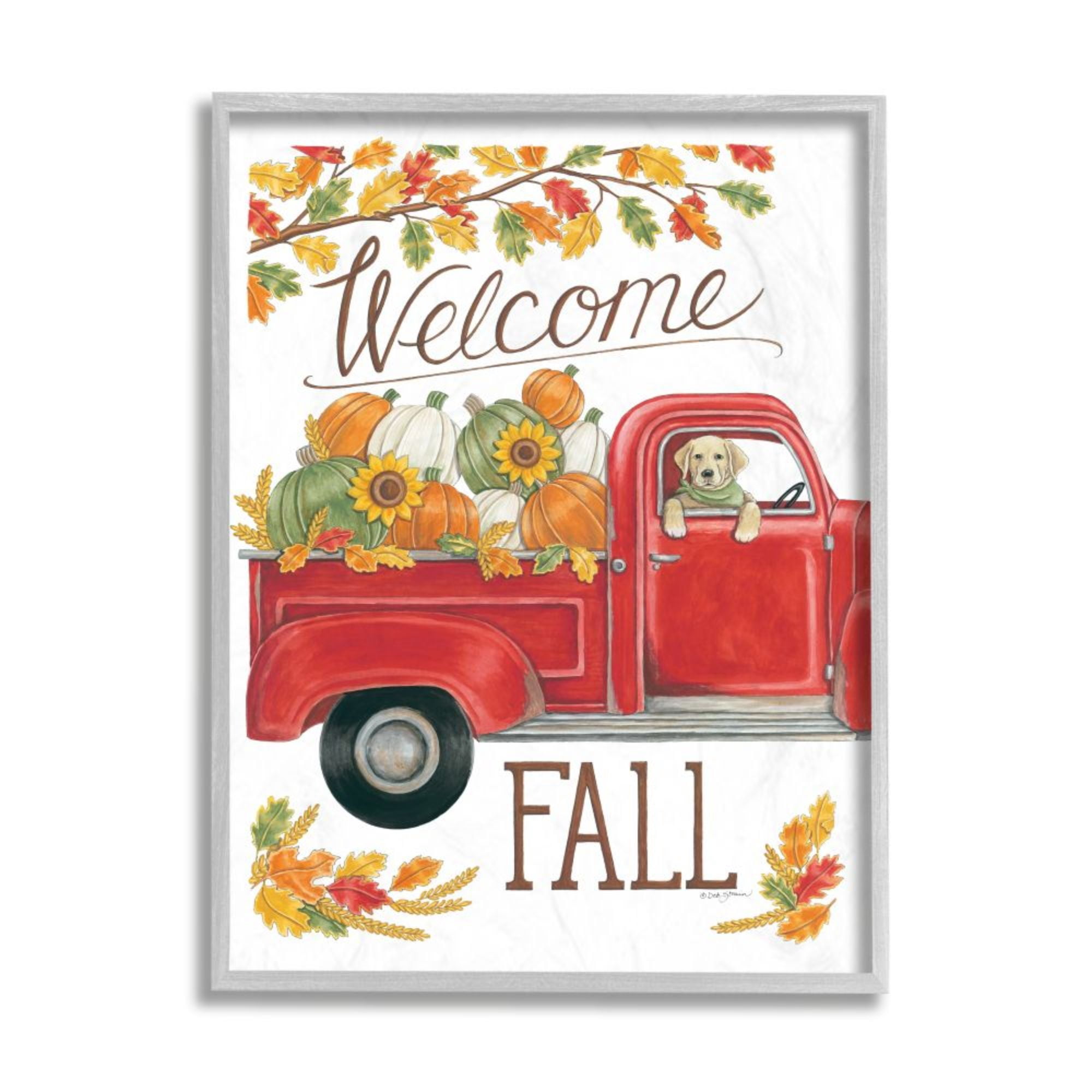 Stupell Industries Welcome Fall Phrase Autumn Red Truck Dog Design by Deb Strain, 16" x 20", Gray Framed