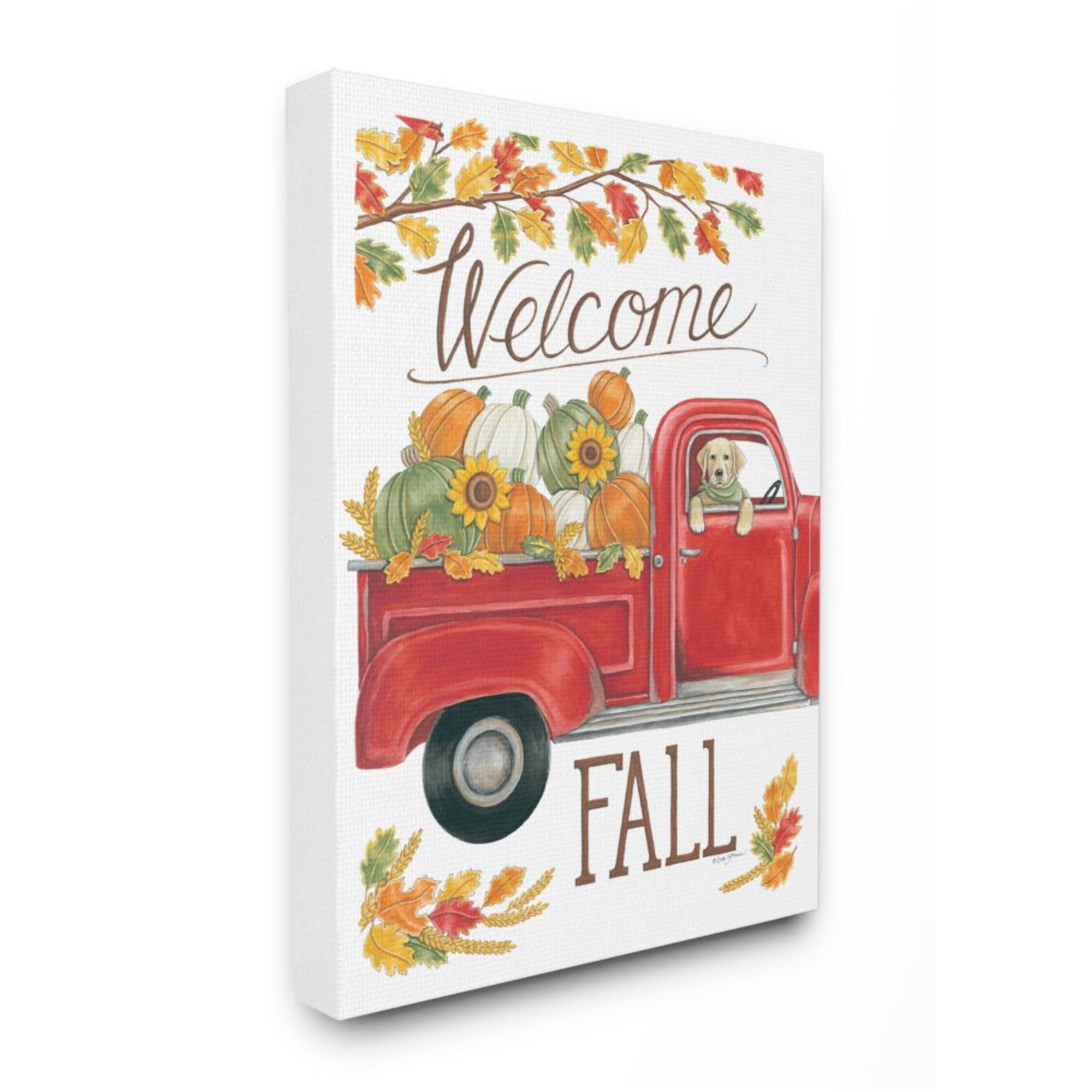Stupell Industries Welcome Fall Phrase Autumn Red Truck Dog Design by Deb Strain, 30" x 40"