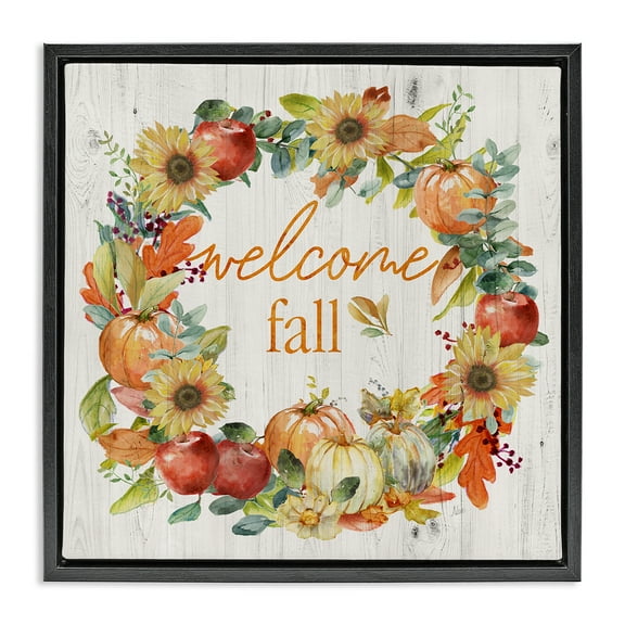 Stupell Industries Welcome Fall Pumpkin Wreath Botanical & Floral Painting Black Floater Framed Canvas Art Prints Wall Art, 18 x 18