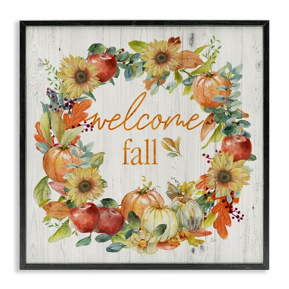 Stupell Industries Welcome Fall Pumpkin Wreath Botanical & Floral Painting Black Framed Art Prints Wall Art, 24 x 24