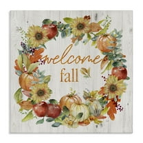 Stupell Industries Welcome Fall Pumpkin Wreath Botanical & Floral Painting Gallery Wrapped Canvas Art Prints Wall Art, 17 x 17