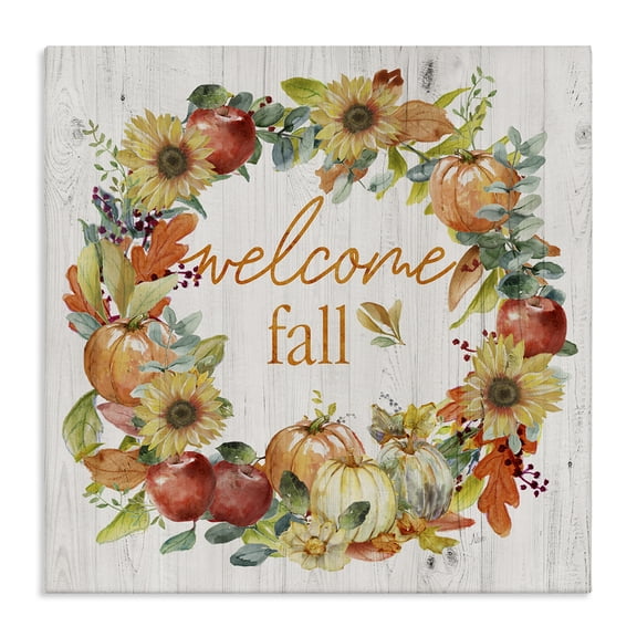 Stupell Industries Welcome Fall Pumpkin Wreath Botanical & Floral Painting Gallery Wrapped Canvas Art Prints Wall Art, 30 x 30