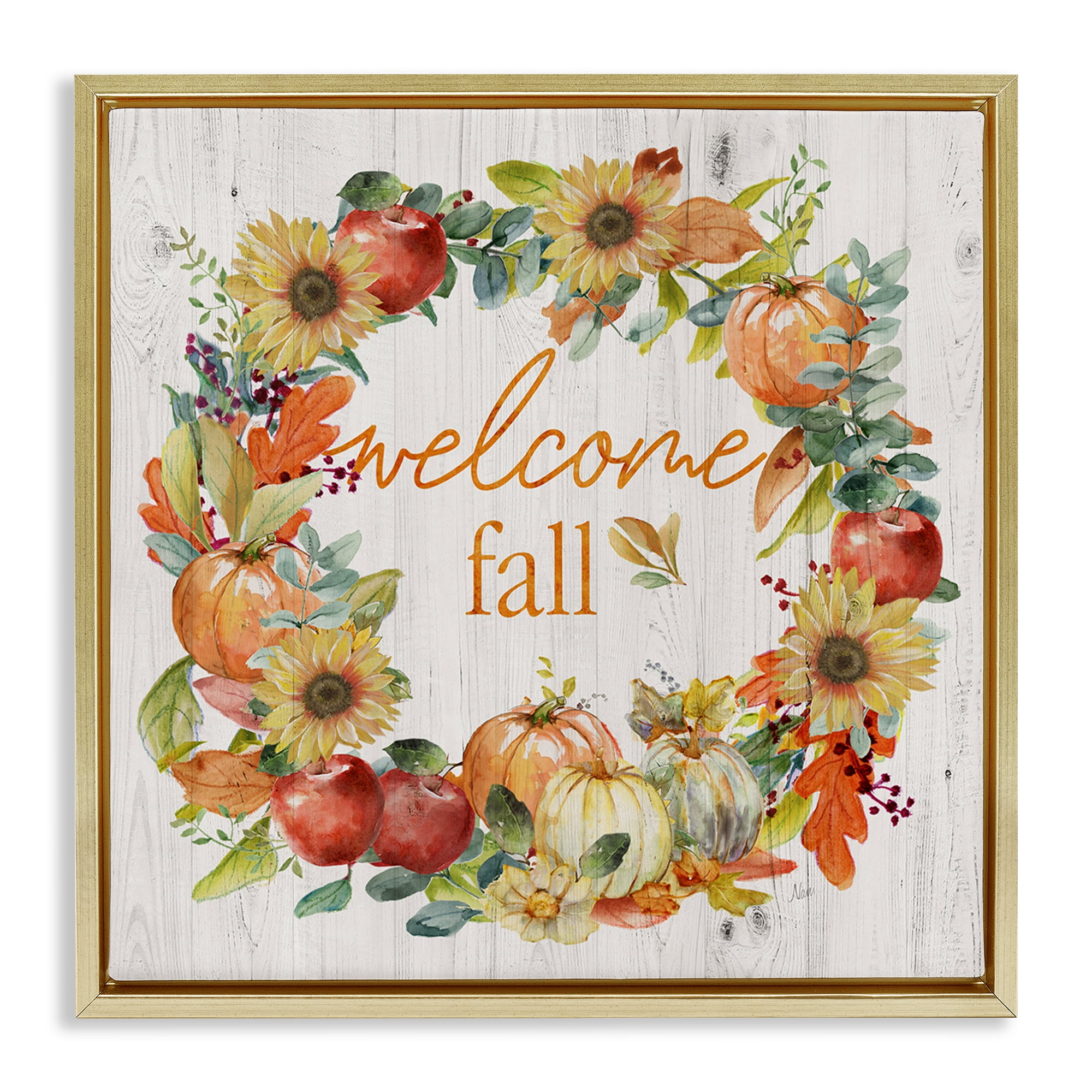 Stupell Industries Welcome Fall Pumpkin Wreath Botanical & Floral Painting Gold Floater Framed Canvas Art Prints Wall Art, 25 x 25