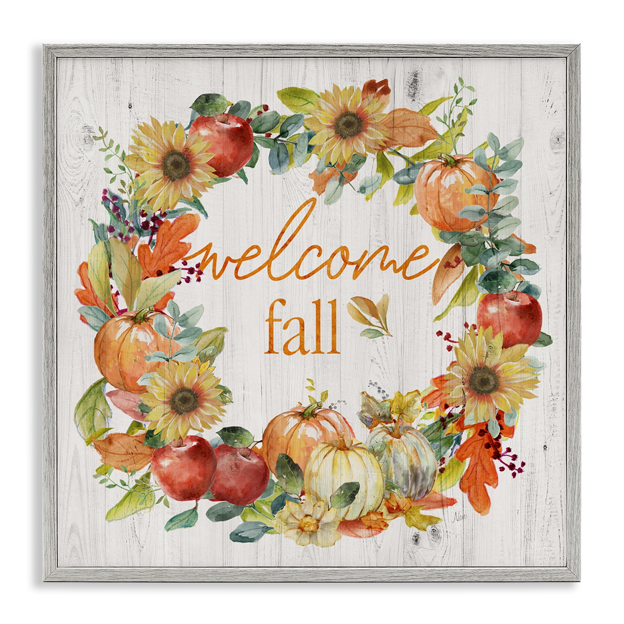 Stupell Industries Welcome Fall Pumpkin Wreath Botanical & Floral Painting Gray Framed Art Prints Wall Art, 12 x 12
