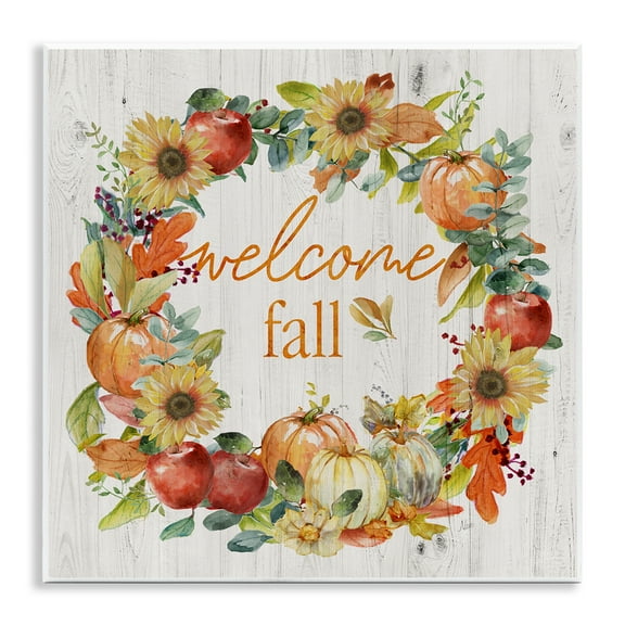 Stupell Industries Welcome Fall Pumpkin Wreath Botanical & Floral Painting Unframed Art Prints Wall Art, 12 x 12