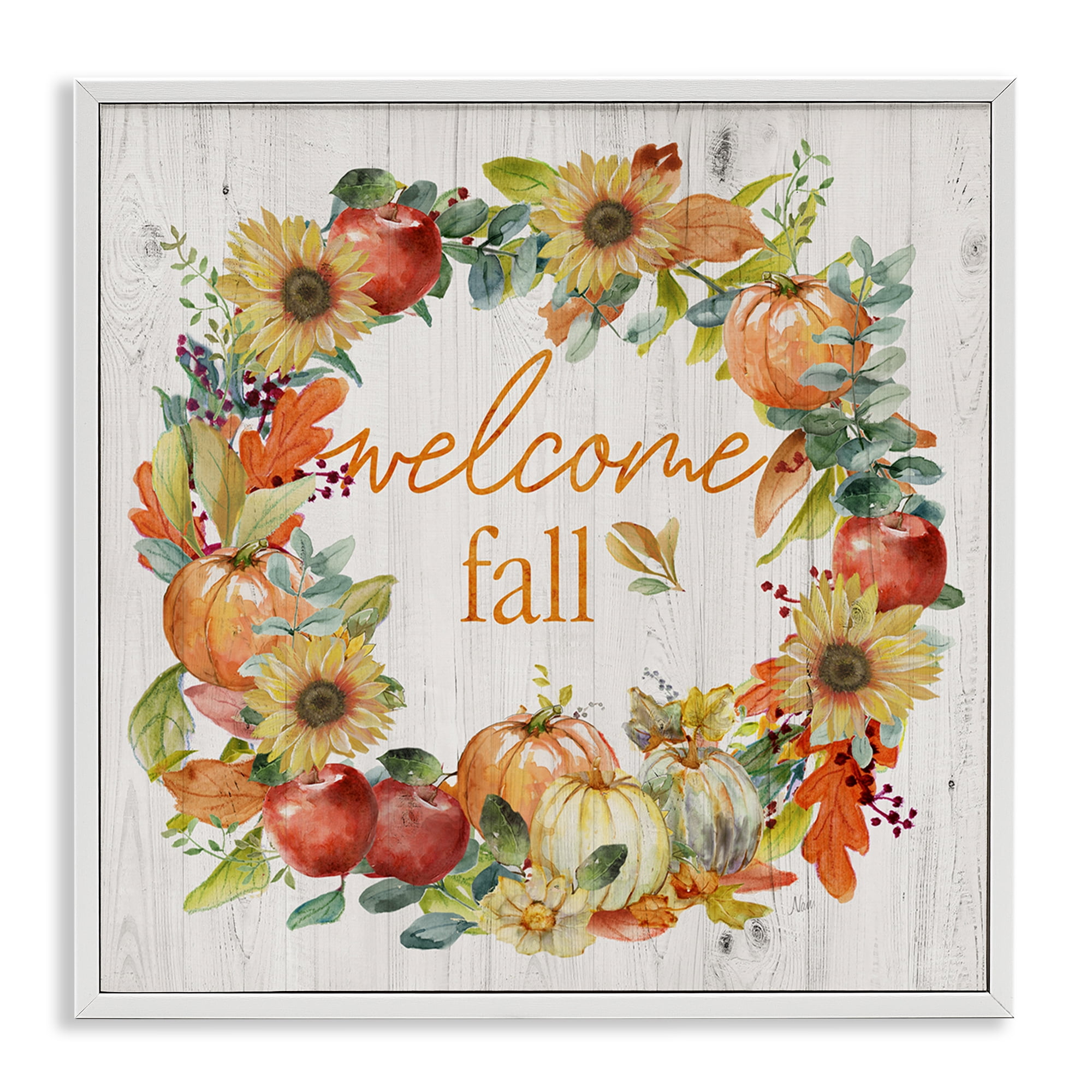 Stupell Industries Welcome Fall Pumpkin Wreath Botanical & Floral Painting White Framed Art Prints Wall Art, 12 x 12