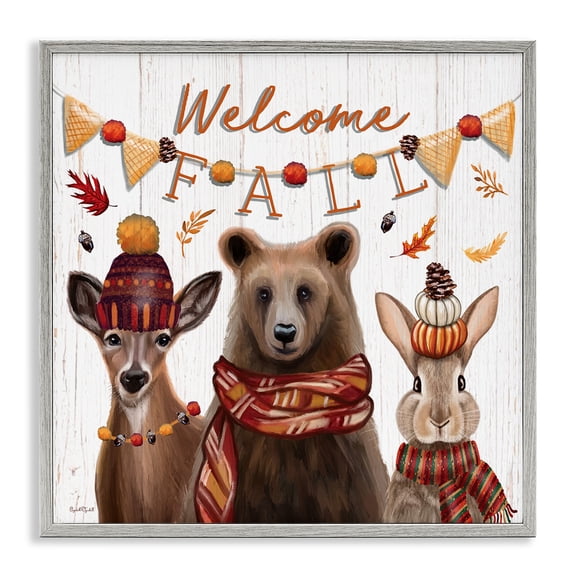 Stupell Industries Welcome Fall Woodland Animals Animals Painting Gray Framed Art Print Wall Art, 12 x 12