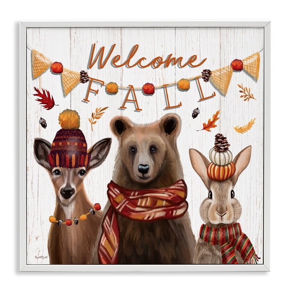 Stupell Industries Welcome Fall Woodland Animals Animals Painting White Framed Art Print Wall Art, 24 x 24