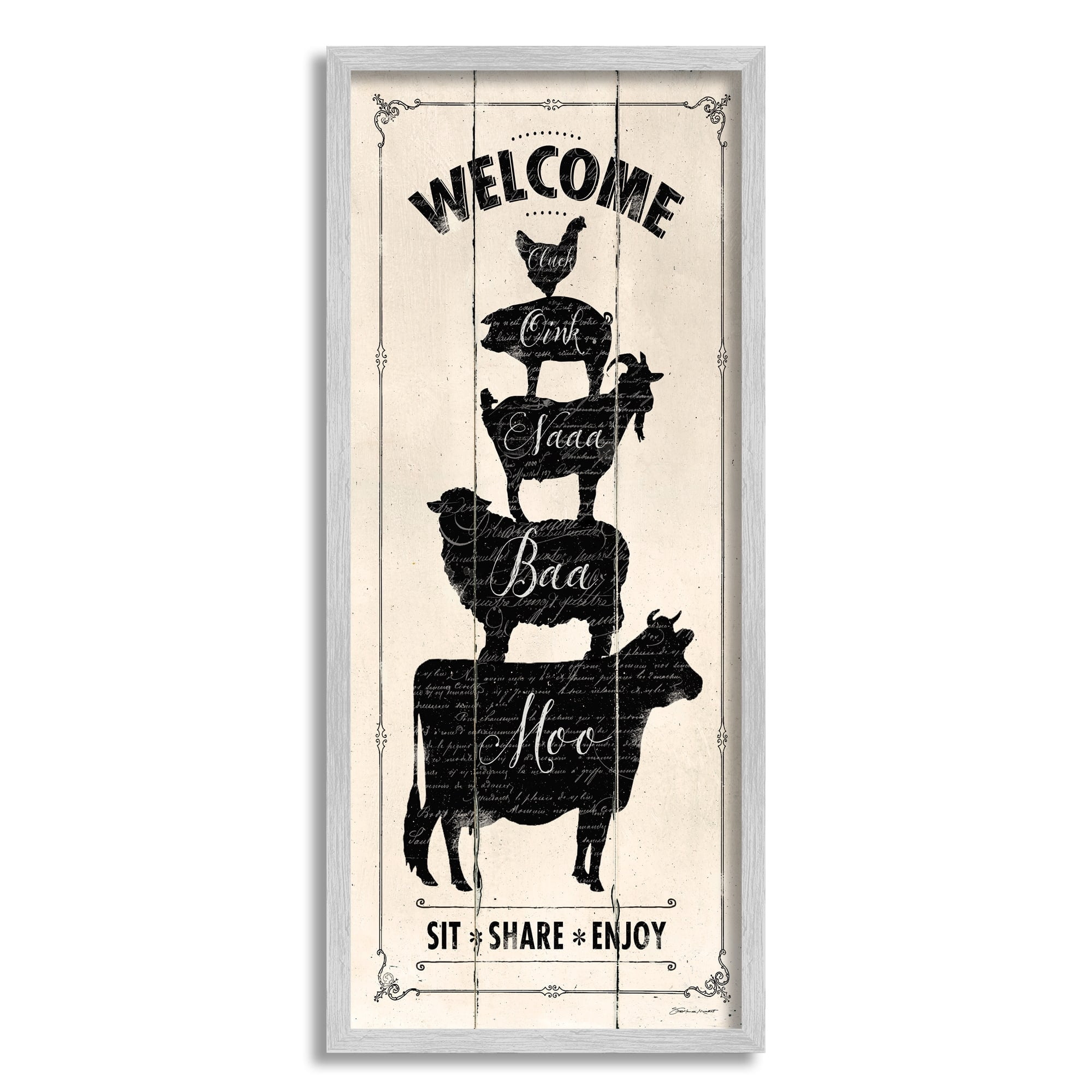 Stupell Industries Welcome Farm Animal Rustic Wood Textured Word Design Graphic Art Gray Framed Art Print Wall Art, 10x24, by Stephanie Workman Marrott