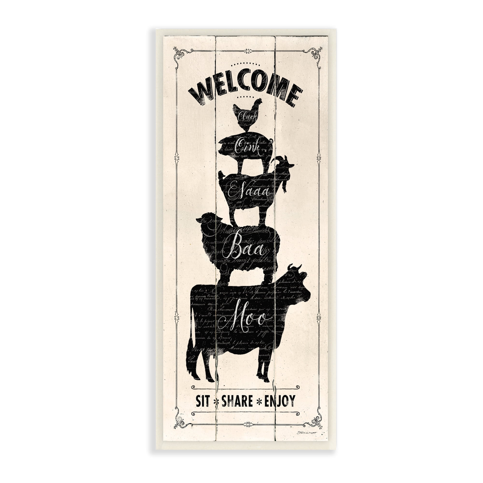 Stupell Industries Welcome Farm Animal Rustic Wood Textured Word Design Wall Plaque Art by Stephanie Workman Marrott
