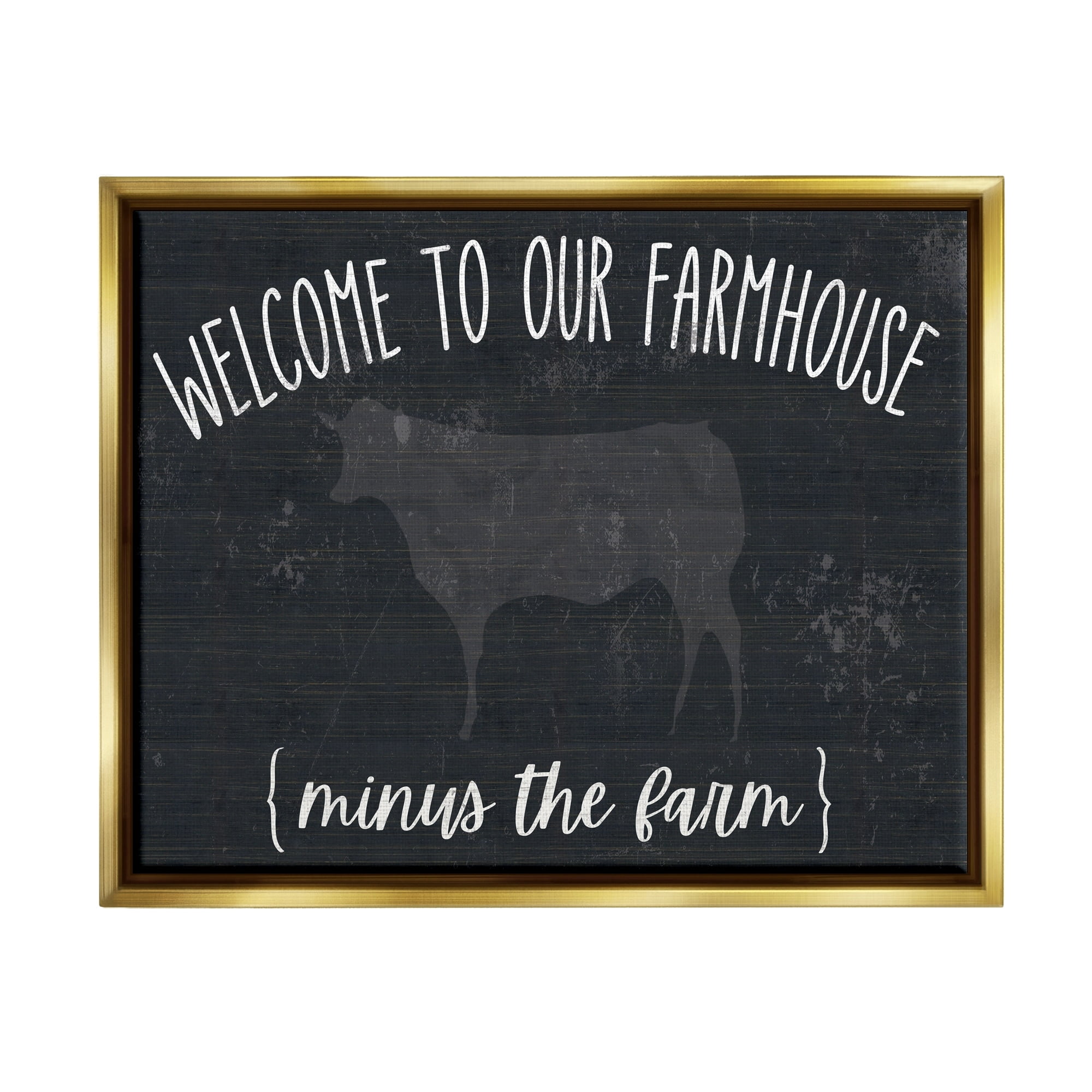 Stupell Industries Welcome To Farmhouse Playful Rustic Cow Motif Graphic Art Metallic Gold Floating Framed Canvas Print Wall Art, Design by White Ladder