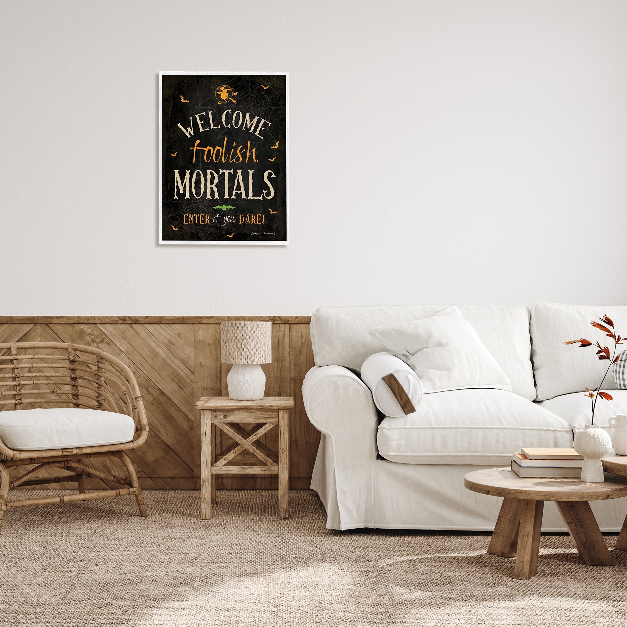 Stupell Industries Welcome Foolish Mortals Phrase Holiday Painting White Framed Art Print Wall Art