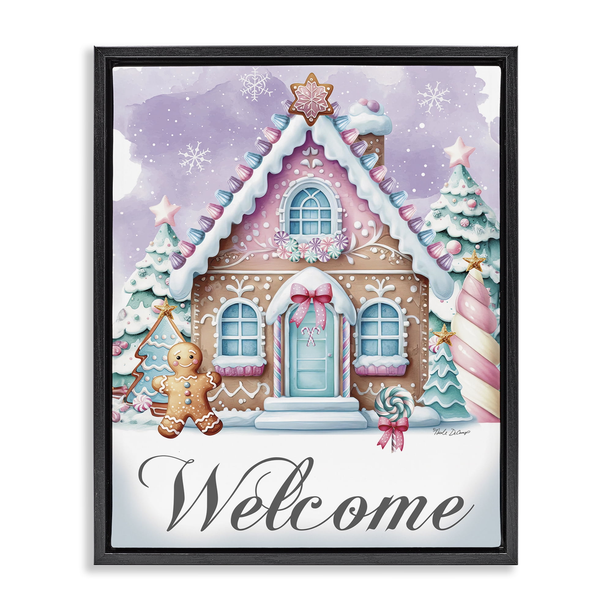 Stupell Industries Welcome Gingerbread House Holiday Painting Black Floater Framed Art Print Wall Art, 17 x 21