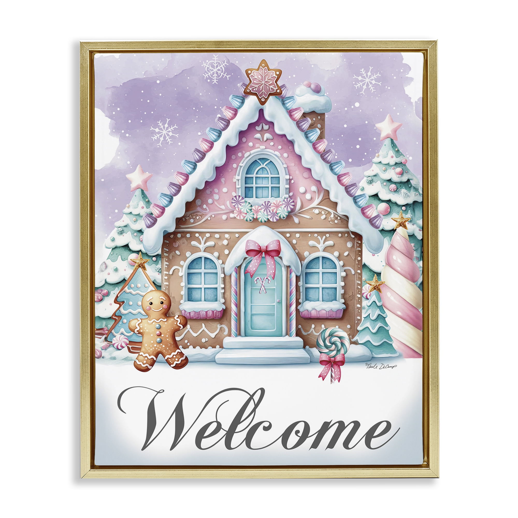 Stupell Industries Welcome Gingerbread House Holiday Painting Gold Floater Framed Art Print Wall Art, 25 x 31