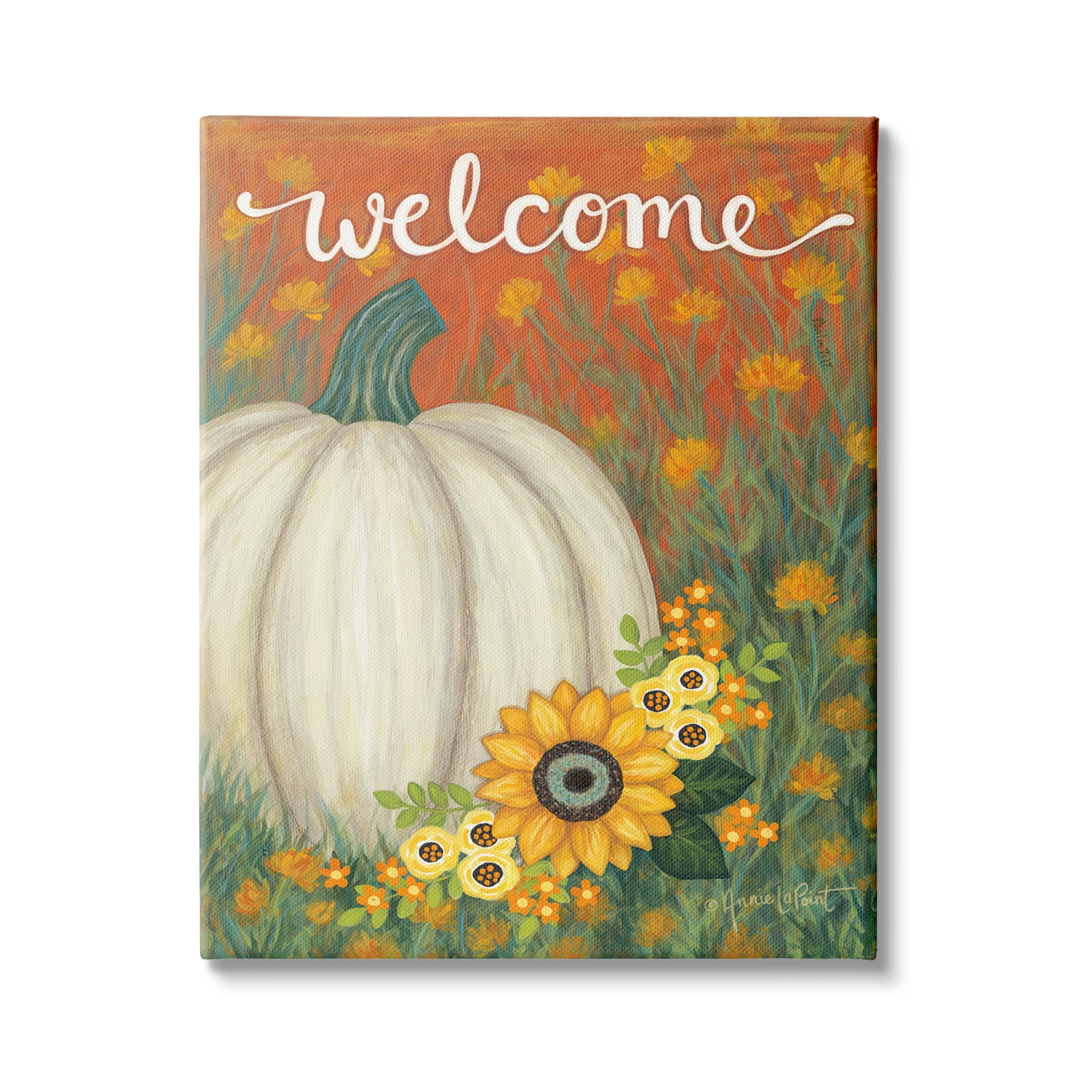Stupell Industries Welcome Greeting Orange Autumn Sky Pumpkin Field, 24 x 30,Design by Annie LaPoint