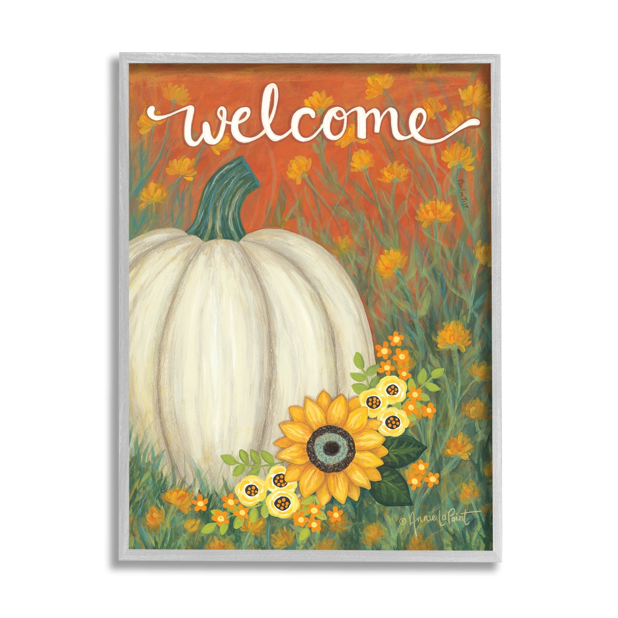 Stupell Industries Welcome Greeting Orange Autumn Sky Pumpkin Field, 24 x 30,Design by Annie LaPoint